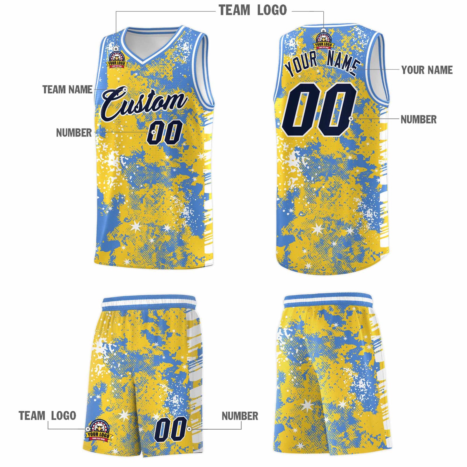Custom Gold Powder Blue Vice Burst Galactic Graffiti Stretch Fabric Basketball Jersey