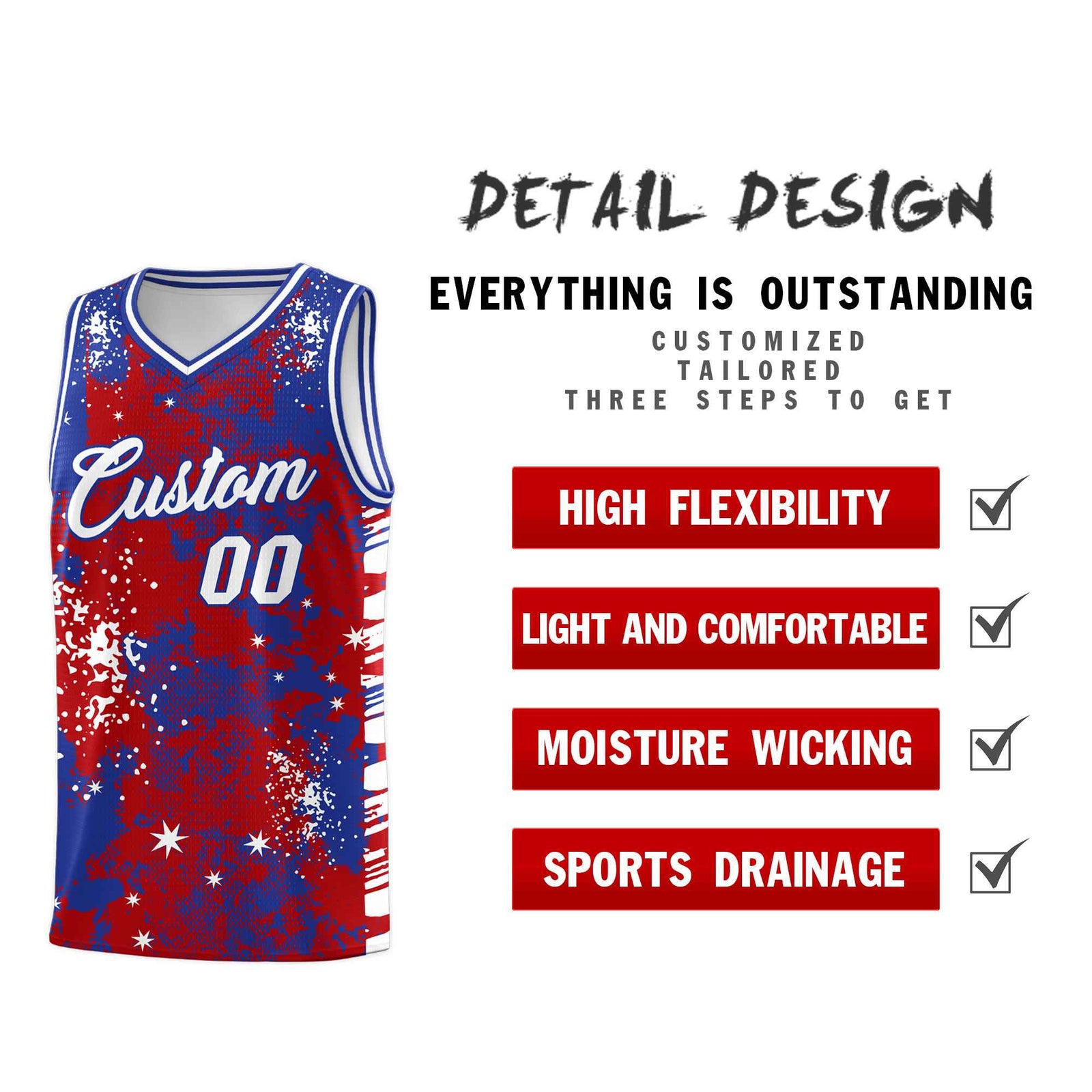 Custom Red Royal Blue Vice Burst Galactic Graffiti Wrinkle-Resistant Basketball Jersey