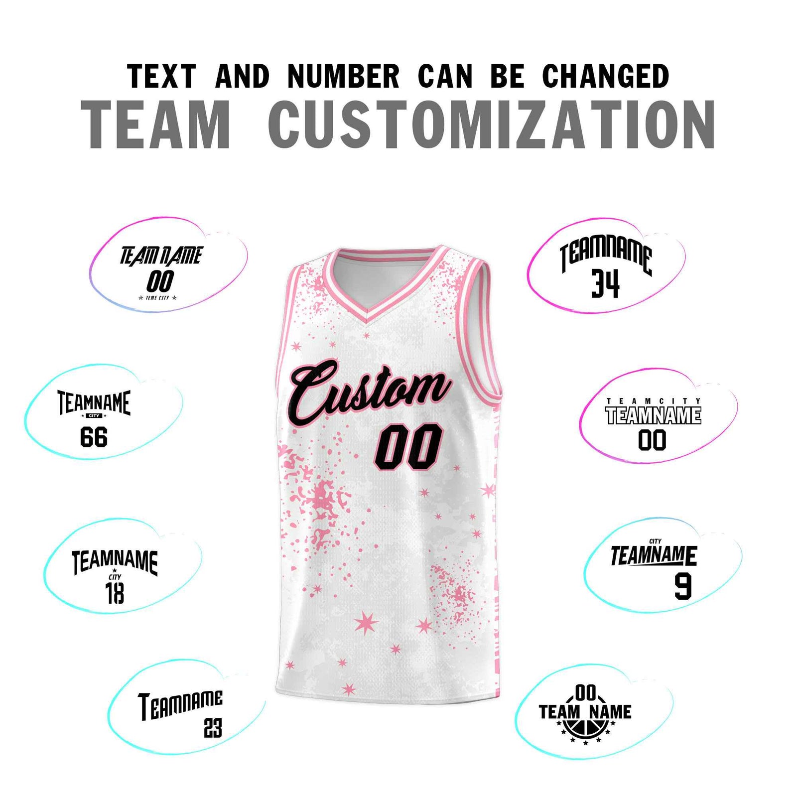 Custom White Light Pink Vice Burst Galactic Graffiti Drapable Basketball Jersey