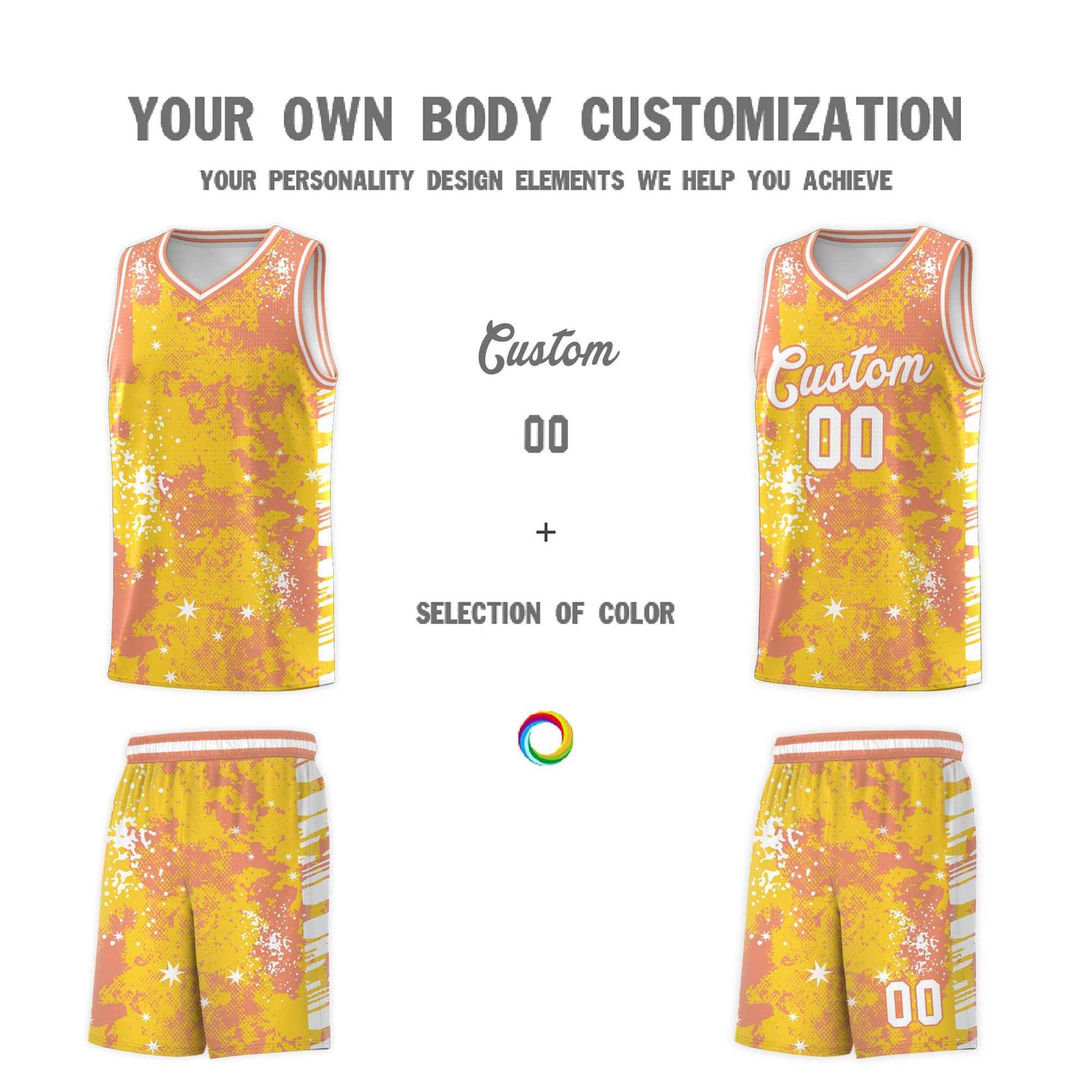 Custom Gold Light Orange Vice Burst Galactic Graffiti Stretch Fabric Basketball Jersey
