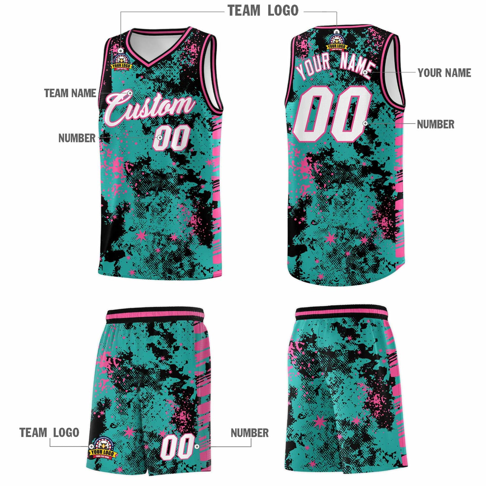 Custom Aqua Black Vice Burst Galactic Graffiti Drapable Basketball Jersey