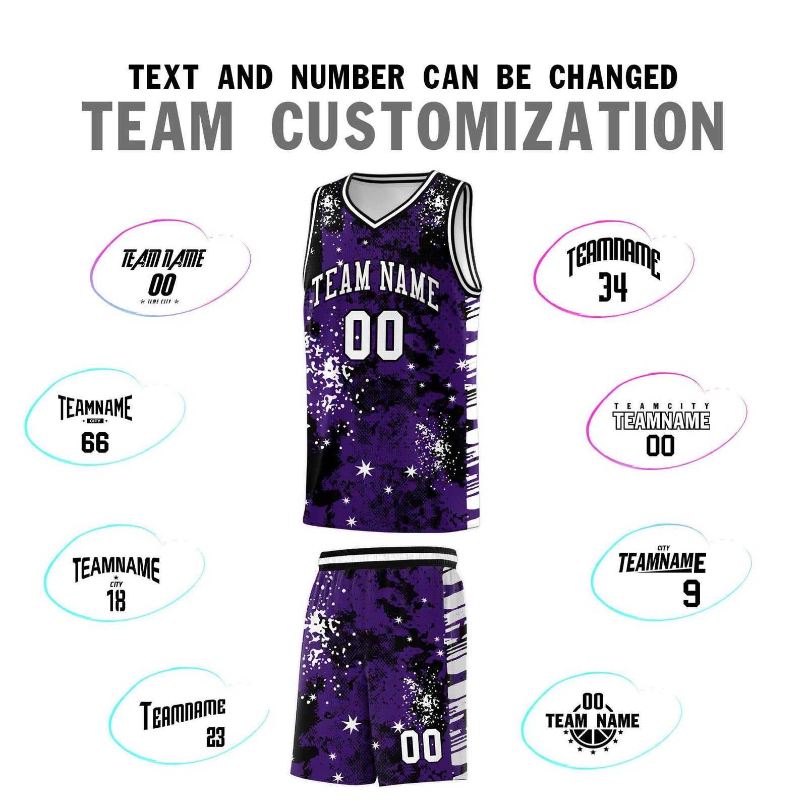 Custom Purple Black Vice Burst Galactic Graffiti Stretch Fabric Basketball Jersey