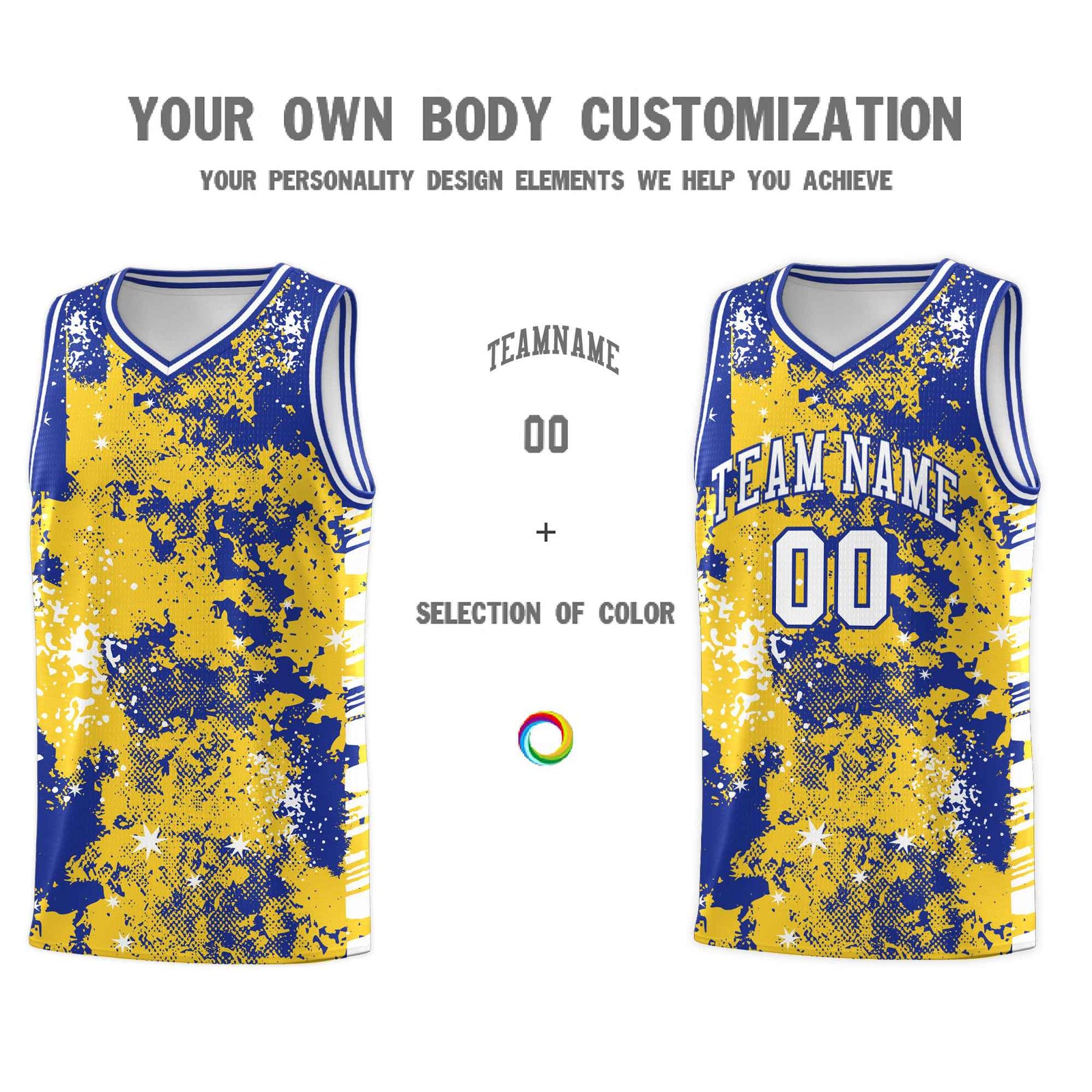Custom Gold Royal Blue Vice Burst Galactic Graffiti Sublimation Printing Basketball Jersey