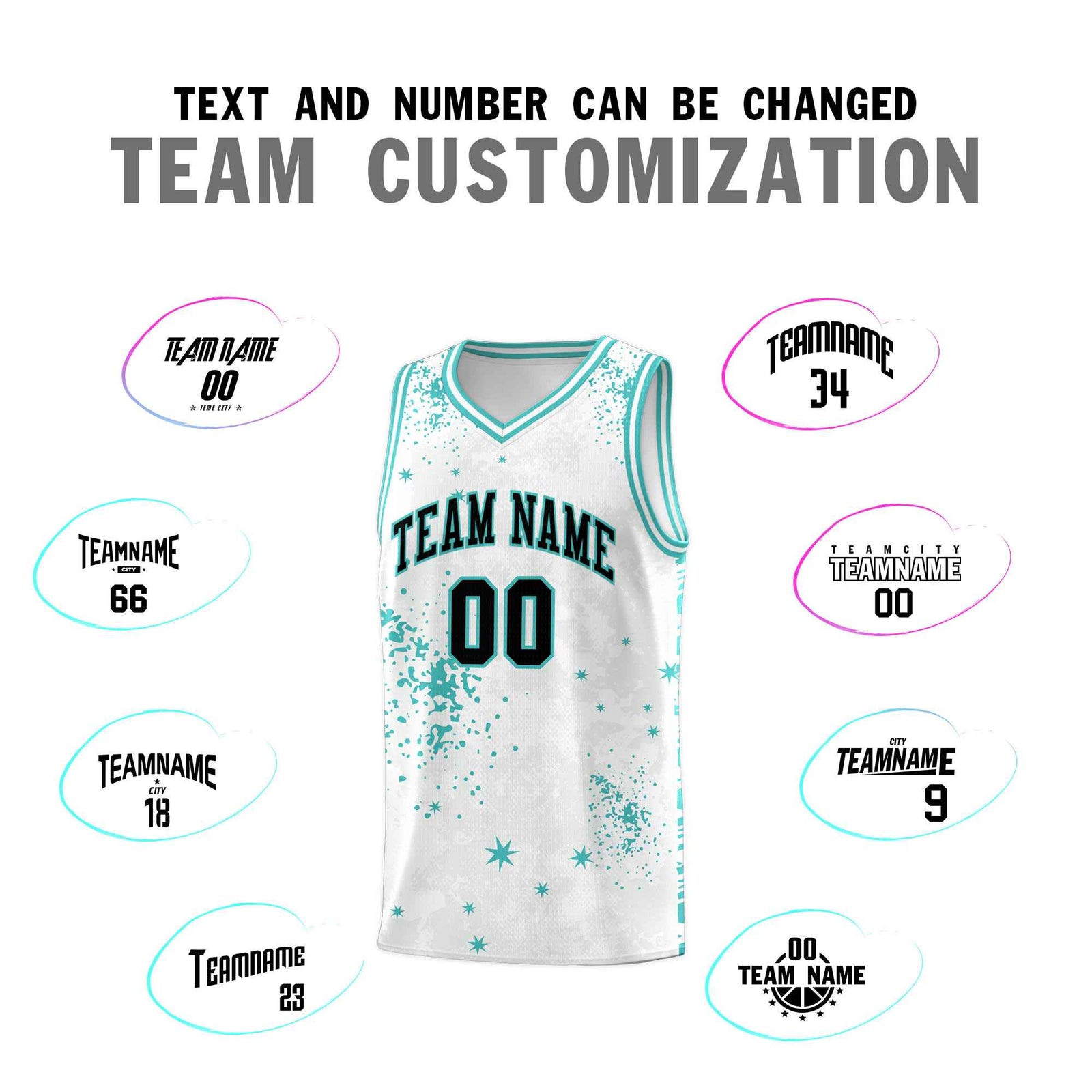 Custom White Light Teal Vice Burst Galactic Graffiti Sublimation Printing Basketball Jersey
