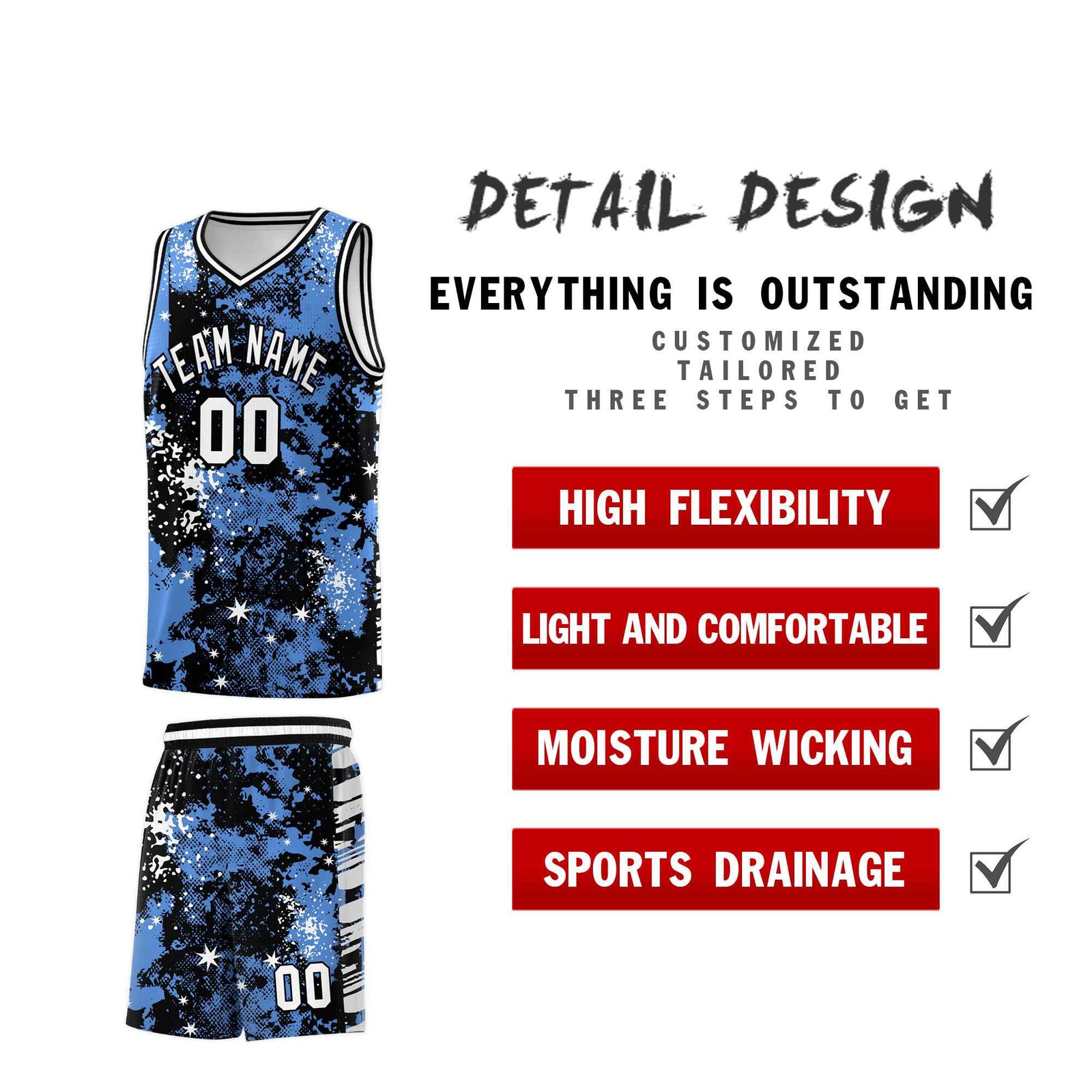 Custom Powder Blue Black Vice Burst Galactic Graffiti Lightweight Basketball Jersey