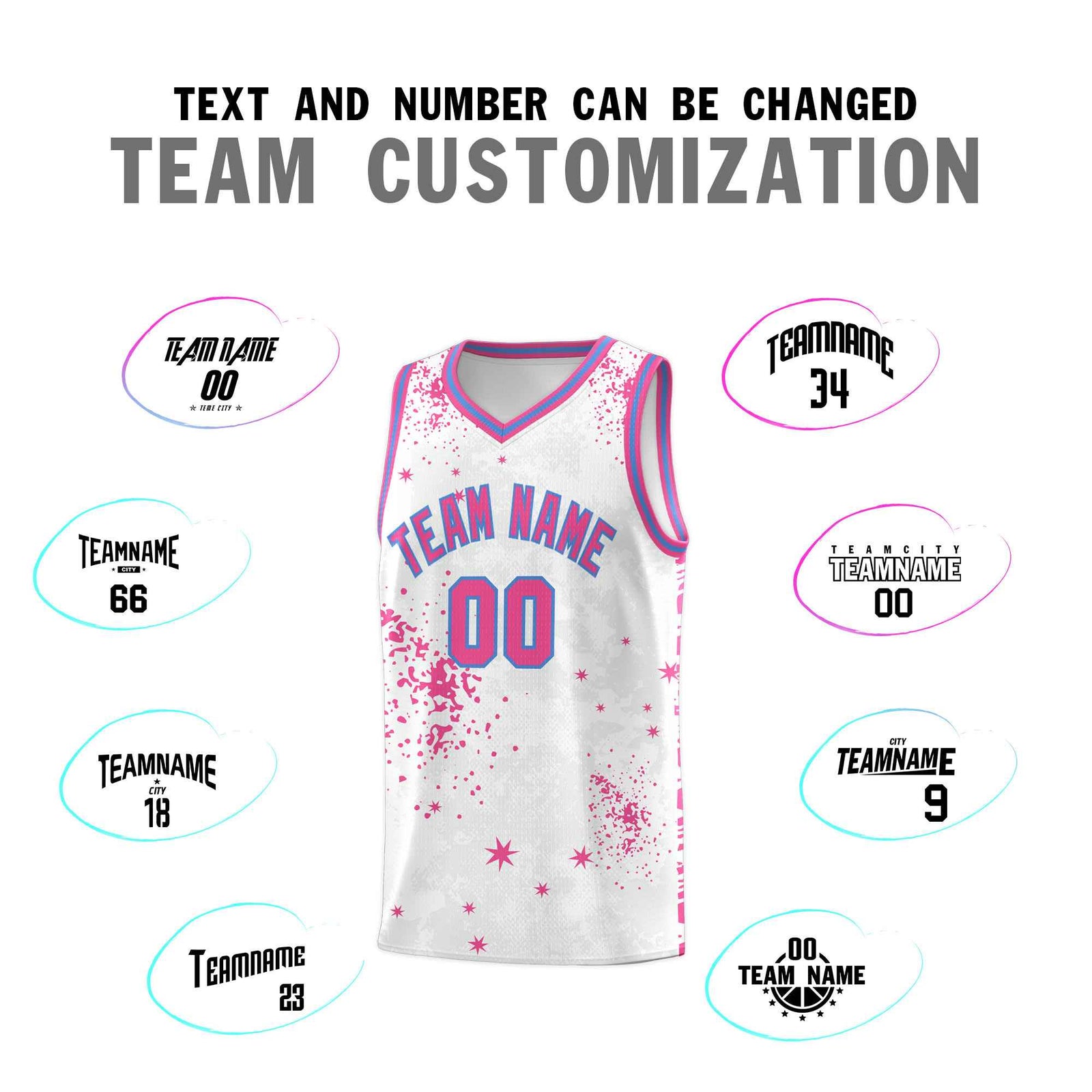 Custom Pink Powder Blue Vice Burst Galactic Graffiti Sublimation Printing Basketball Jersey