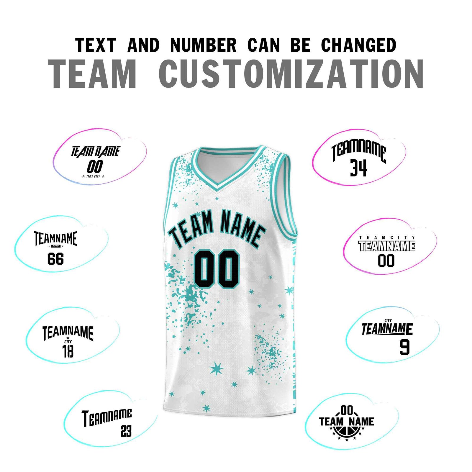 Custom White Light Teal Vice Burst Galactic Graffiti Sublimation Printing Basketball Jersey