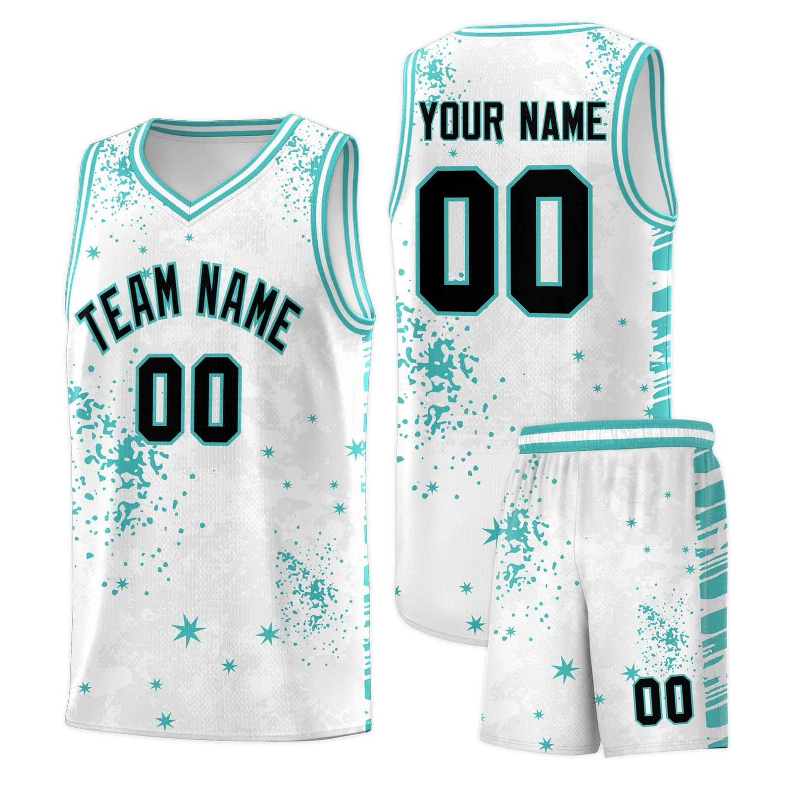 Custom White Light Teal Vice Burst Galactic Graffiti Sublimation Printing Basketball Jersey