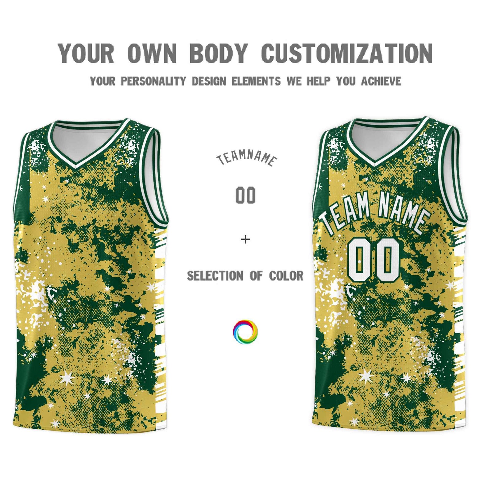 Custom Old Gold Kelly Green Vice Burst Galactic Graffiti Moisture-Wicking Basketball Jersey