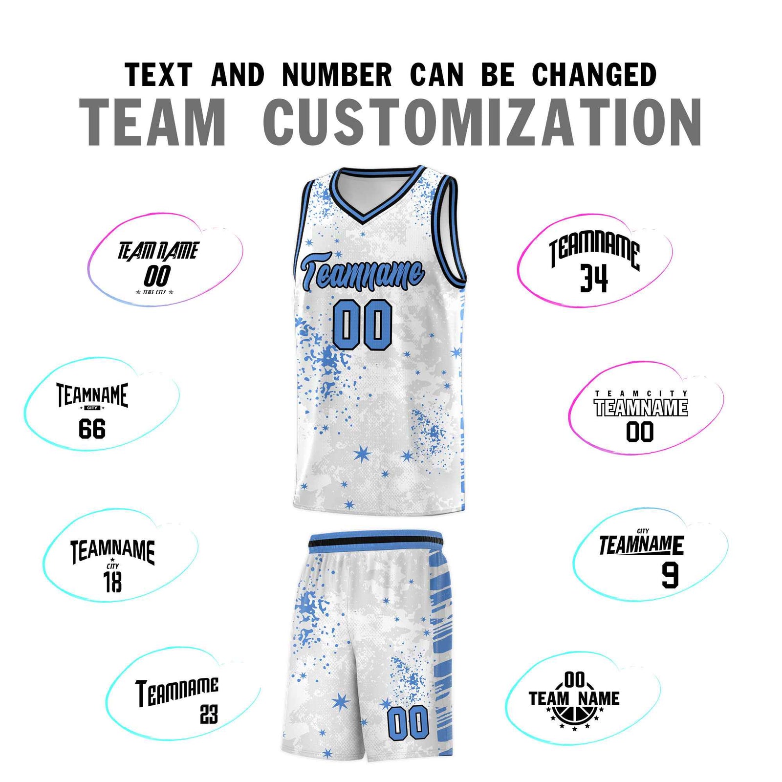 Custom White Powder Blue Vice Burst Galactic Graffiti Quick-Drying Basketball Jersey