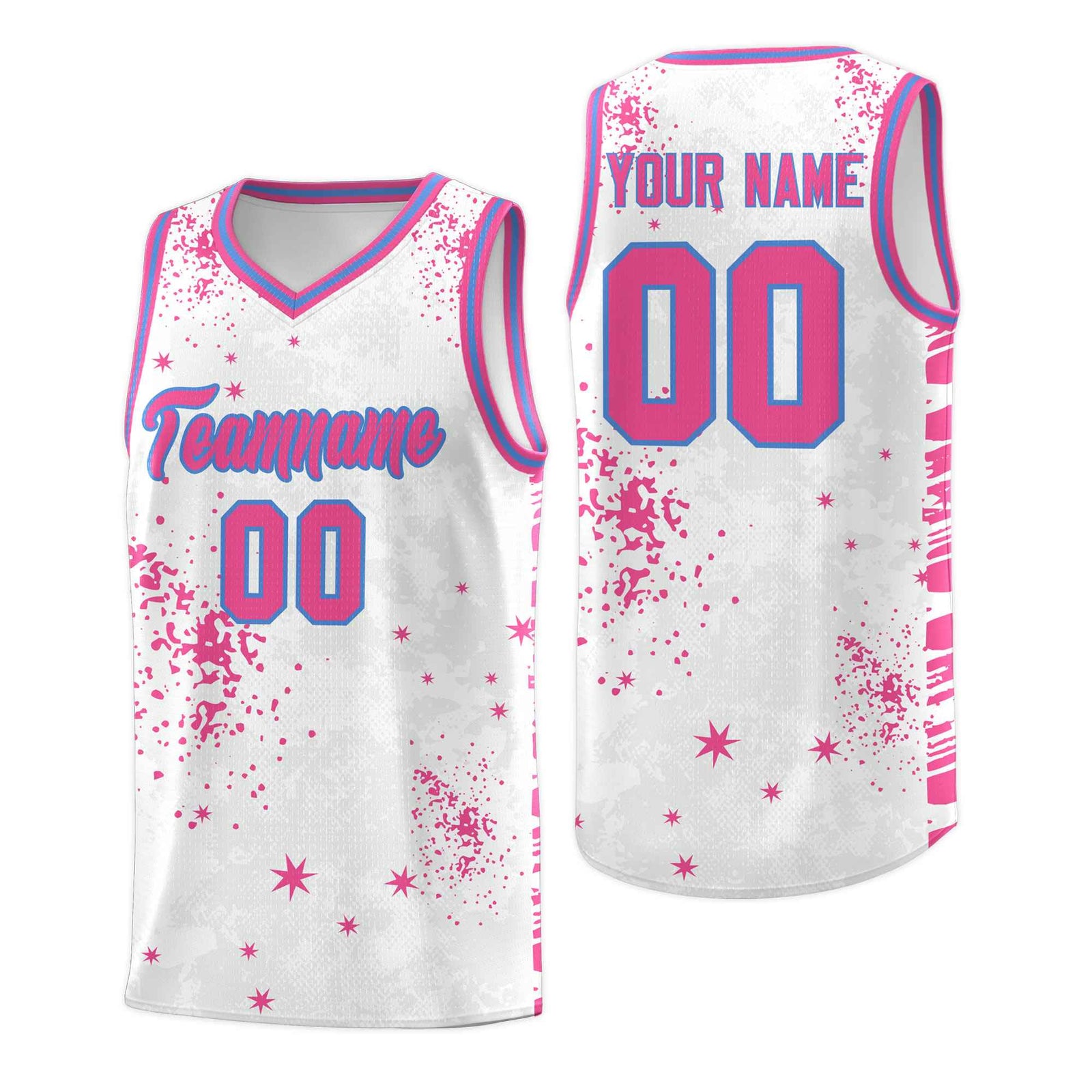 Custom Pink Powder Blue Vice Burst Galactic Graffiti Sublimation Printing Basketball Jersey