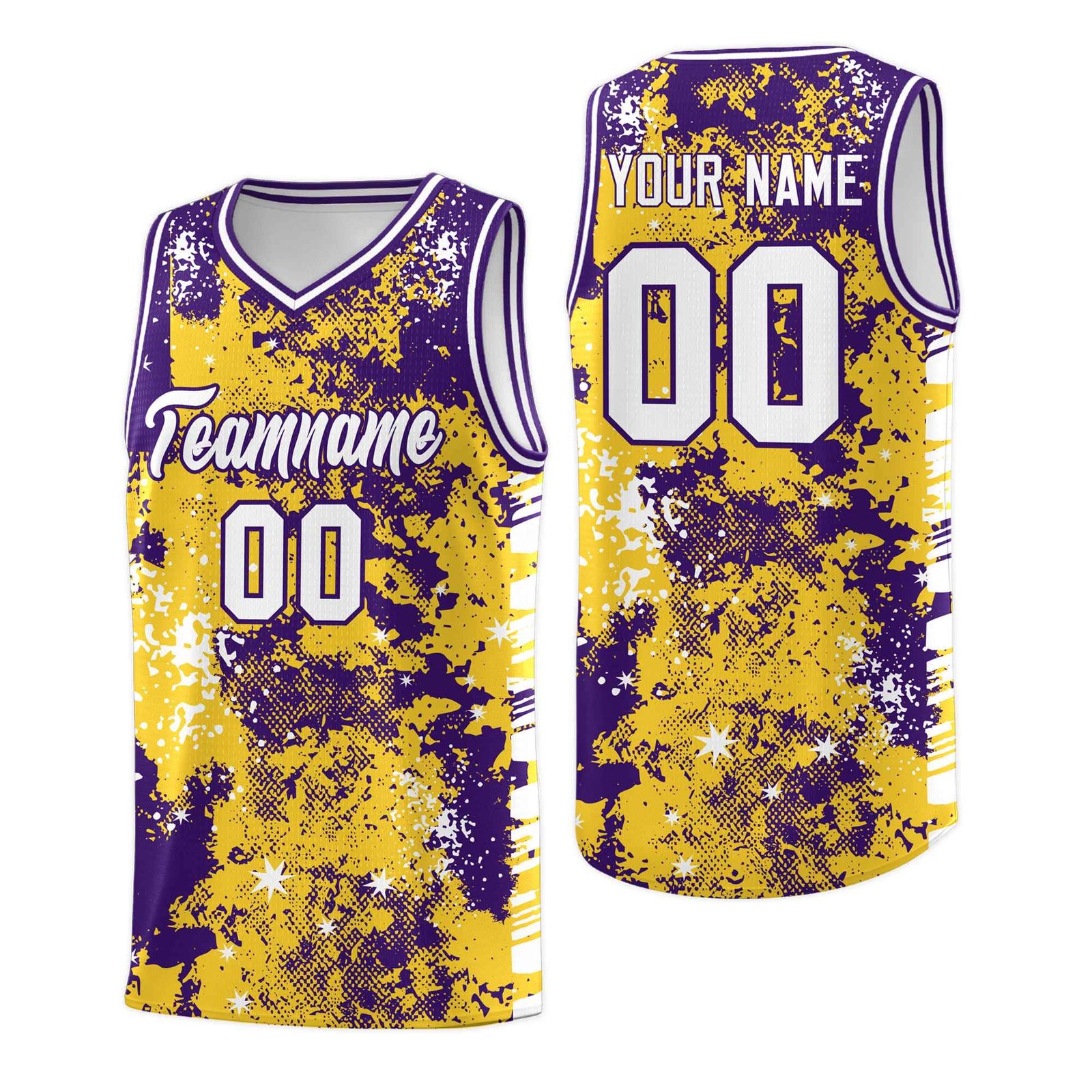 Custom Gold Purple Vice Burst Galactic Graffiti Drapable Basketball Jersey