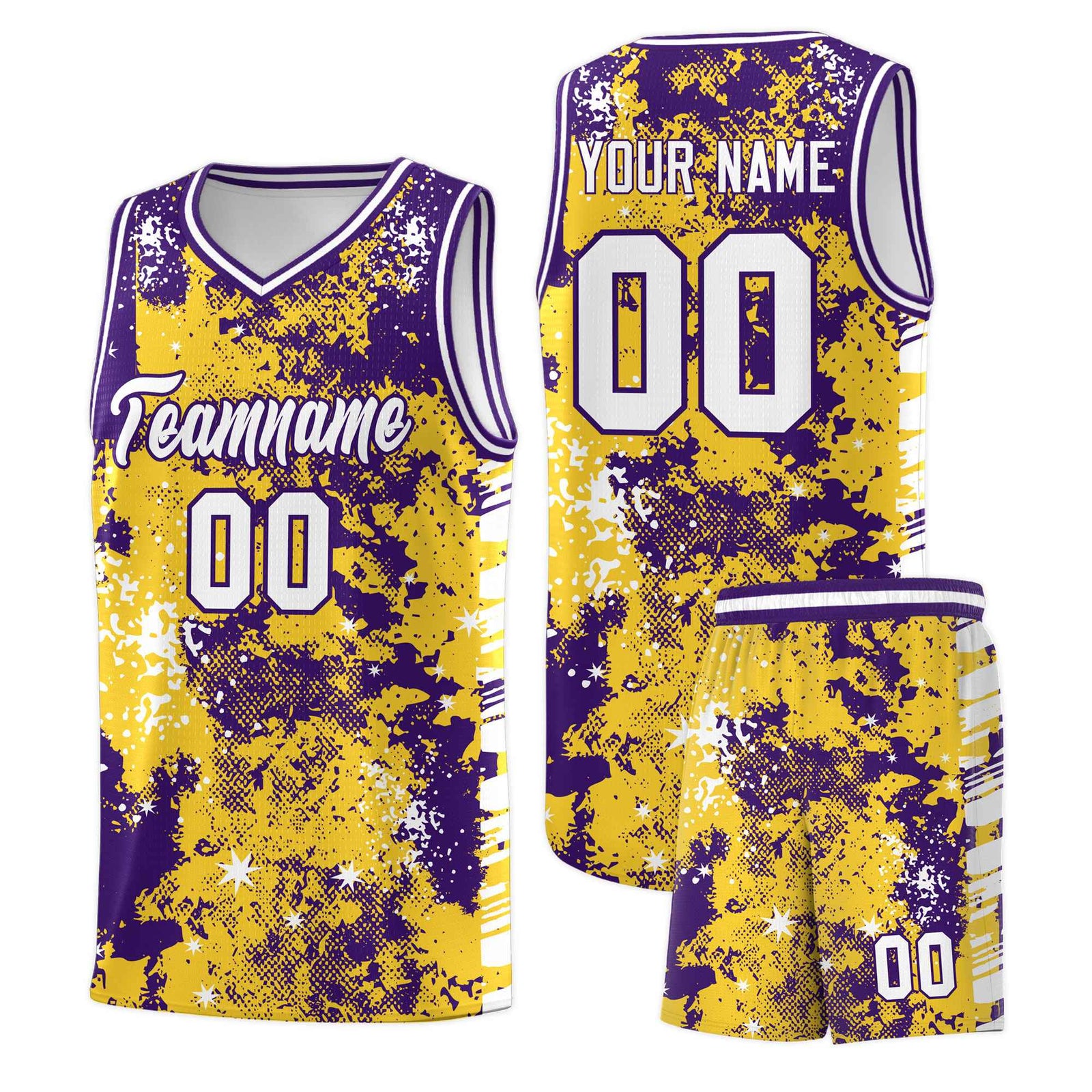 Custom Gold Purple Vice Burst Galactic Graffiti Drapable Basketball Jersey