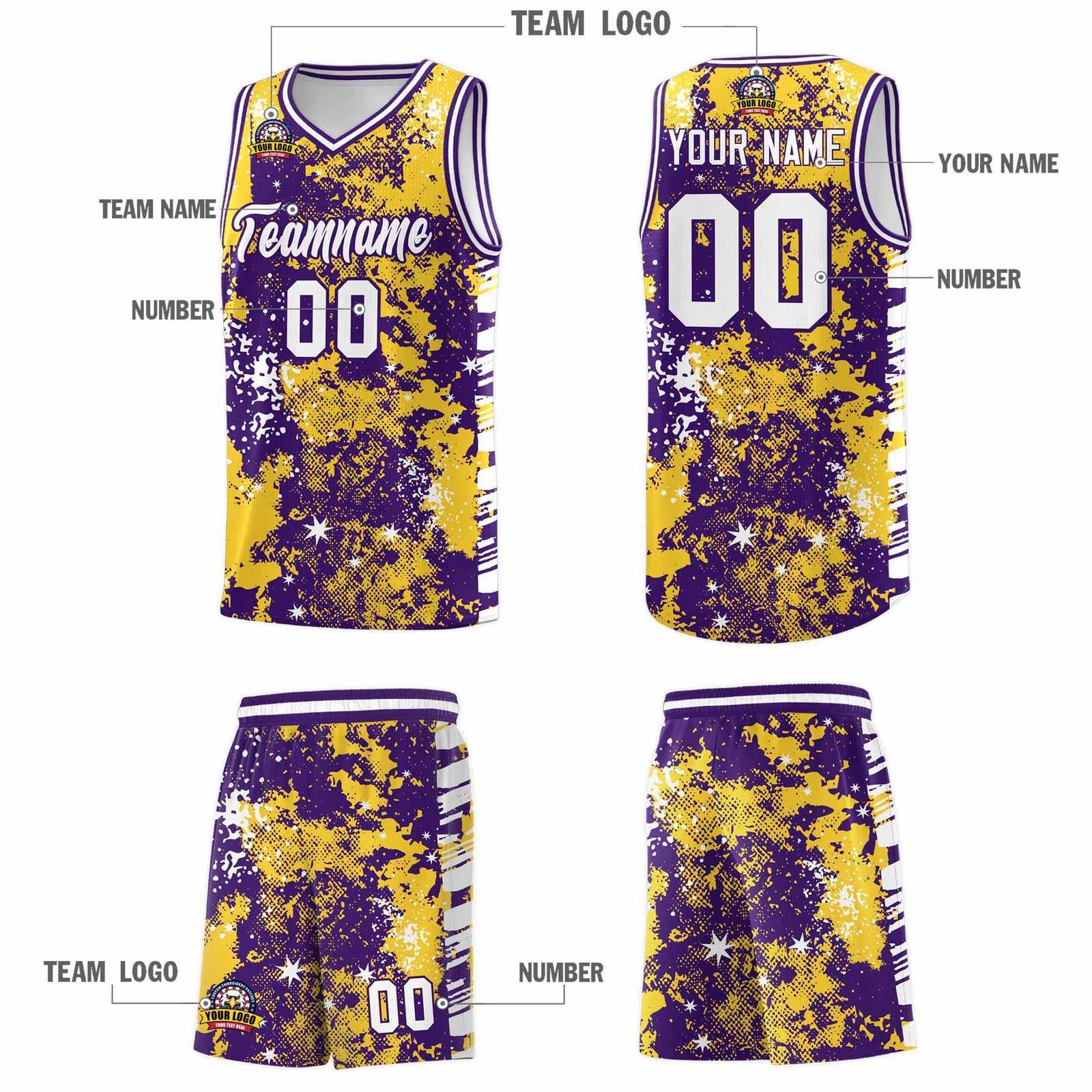 Custom Gold Purple Vice Burst Galactic Graffiti Sublimation Printing Basketball Jersey