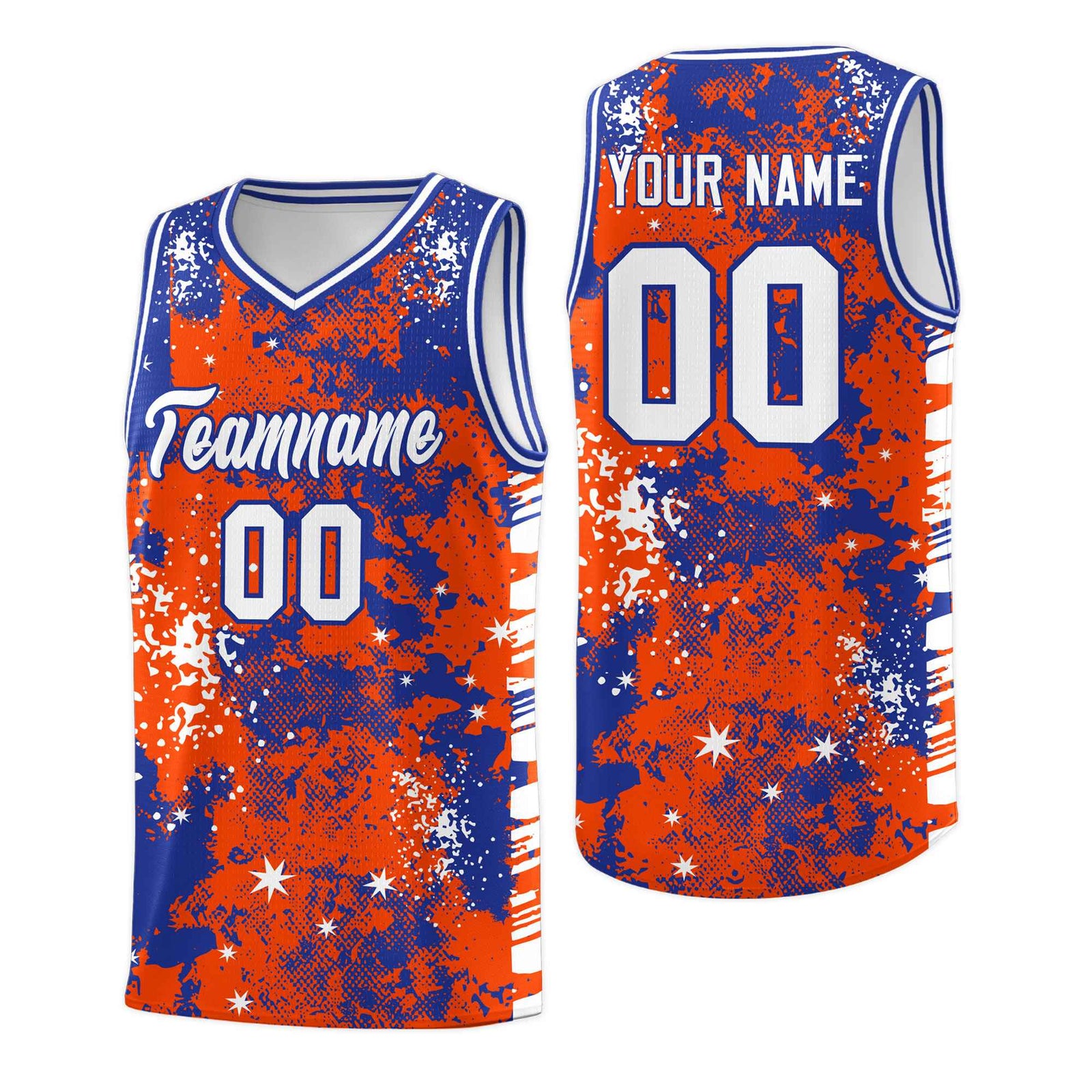 Custom Orange Royal Blue Vice Burst Galactic Graffiti Moisture-Wicking Basketball Jersey