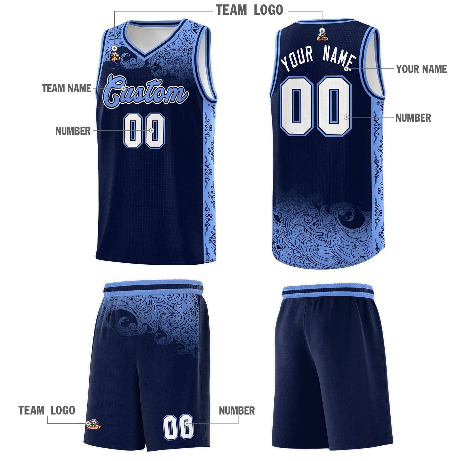 Custom Navy Personalized Cloud Pattern Sports Sets Uniform Basketball Jersey