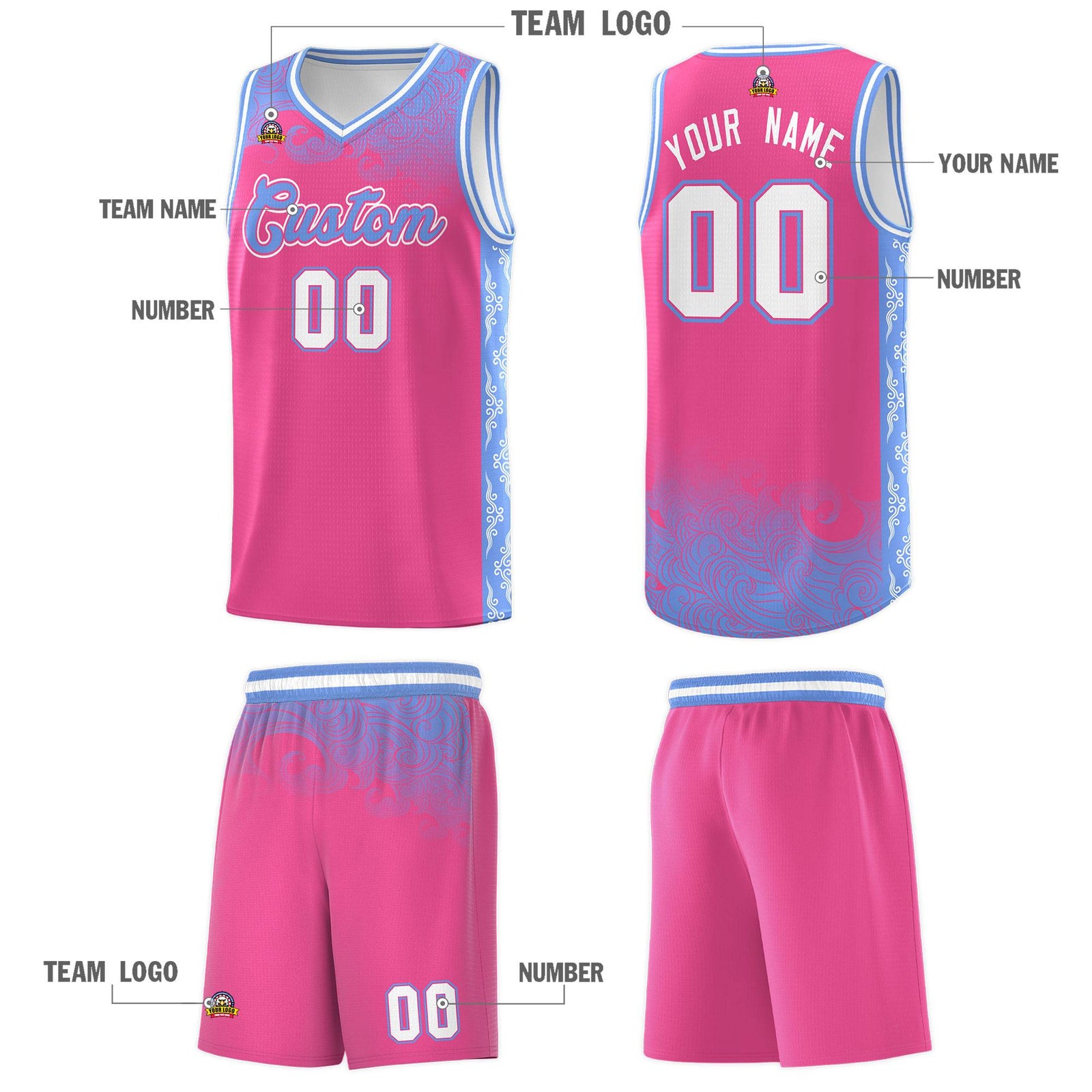 Custom Pink Personalized Cloud Pattern Sports Sets Uniform Basketball Jersey