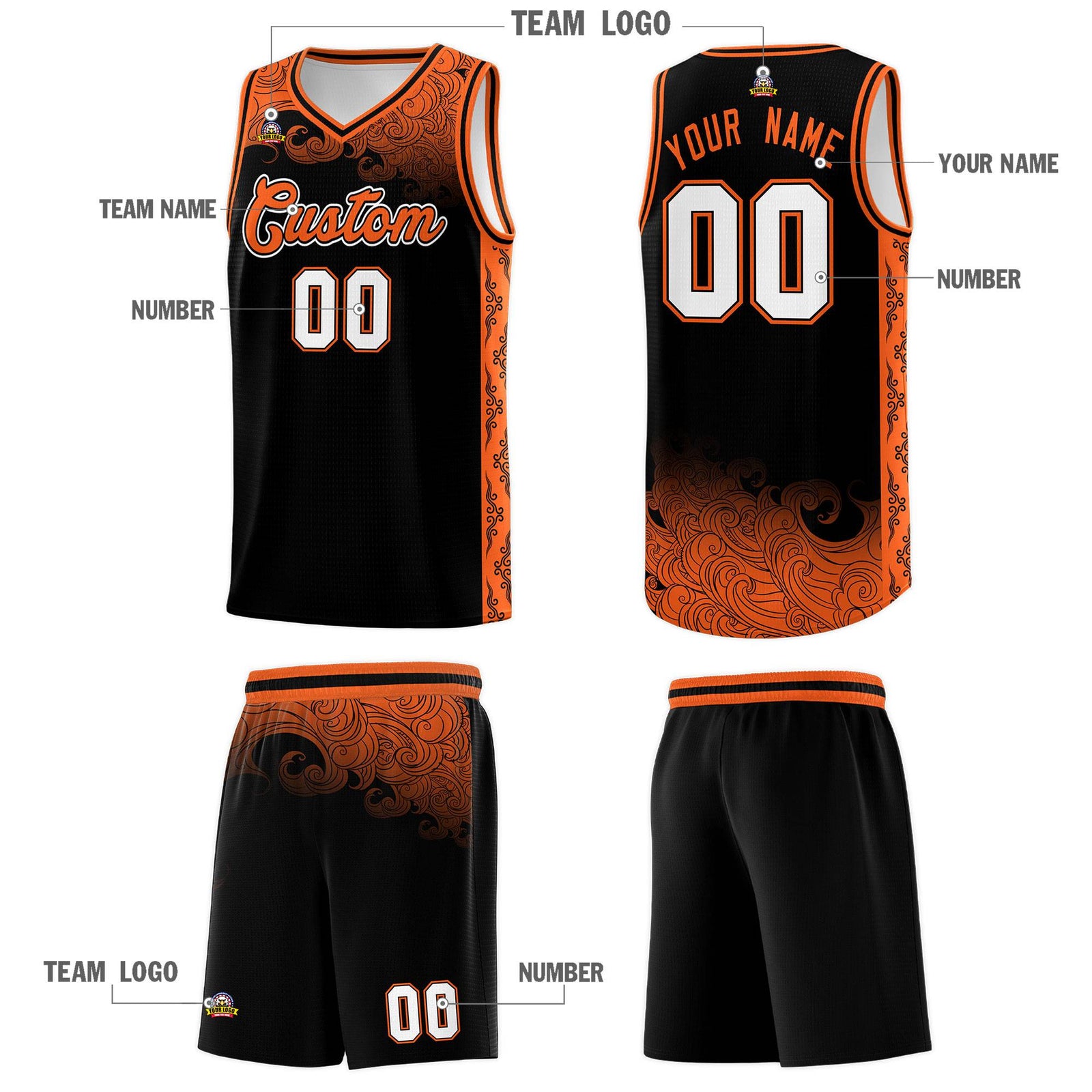 Custom Black Personalized Cloud Pattern Sports Sets Uniform Basketball Jersey