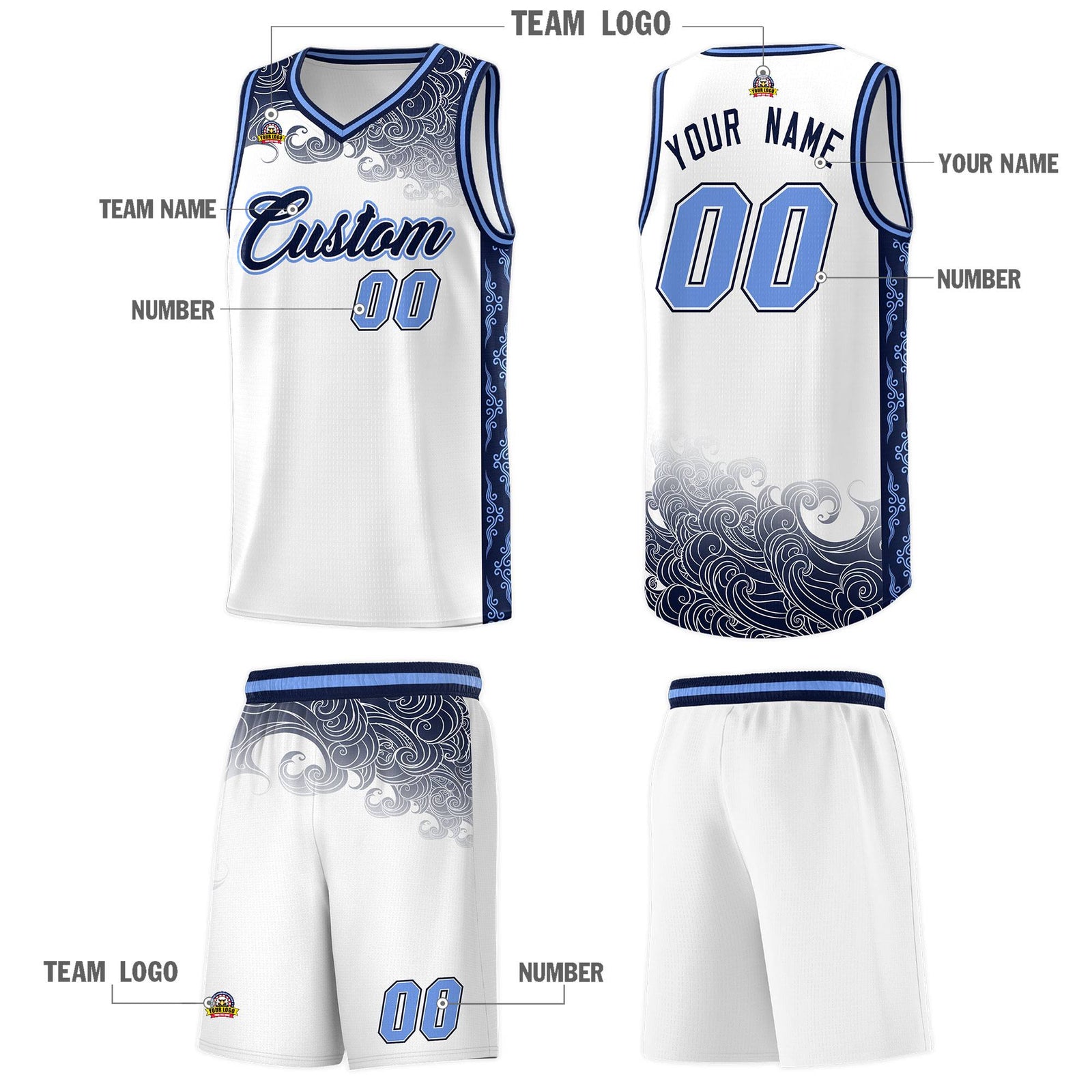 Custom White Personalized Cloud Pattern Sports Sets Uniform Basketball Jersey