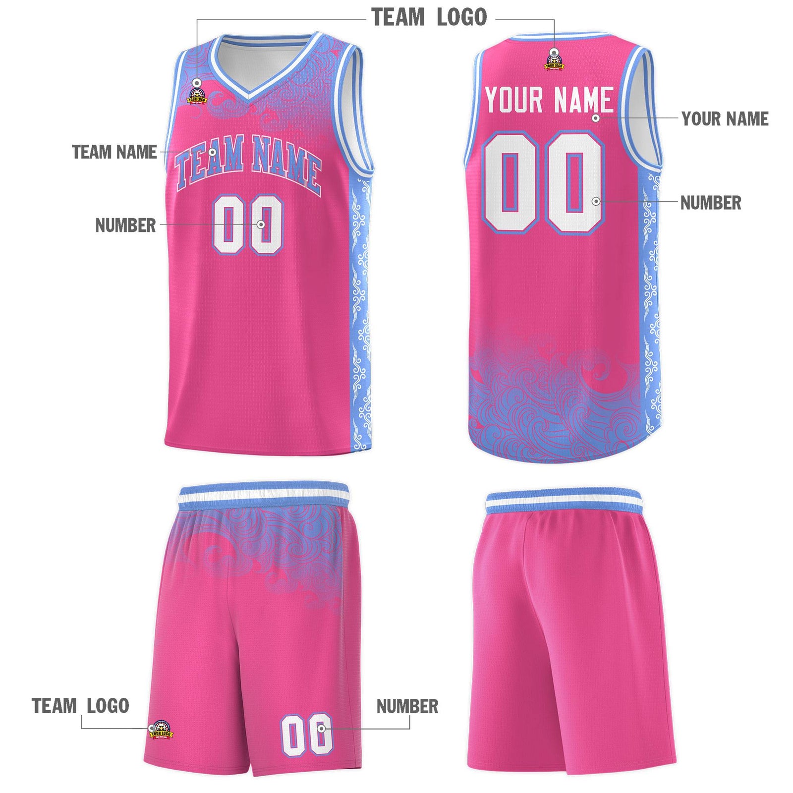Custom Pink Personalized Cloud Pattern Sports Sets Uniform Basketball Jersey