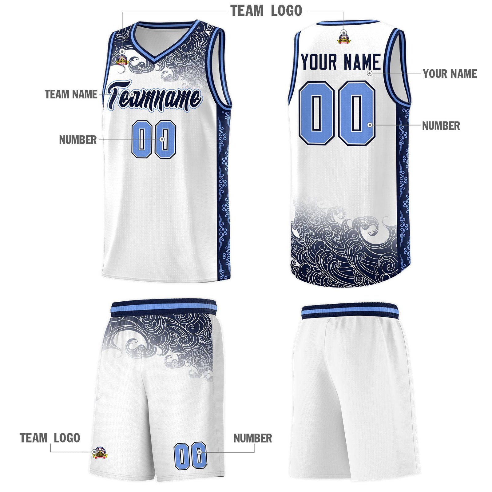 Custom White Personalized Cloud Pattern Sports Sets Uniform Basketball Jersey