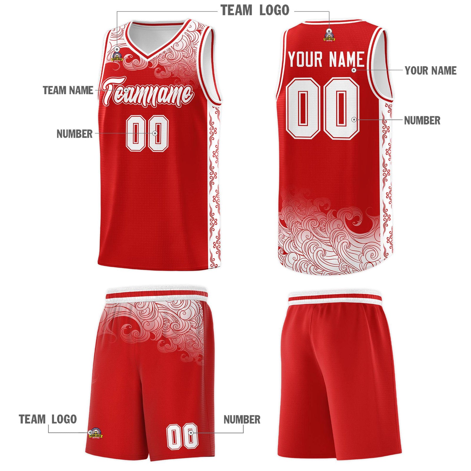 Custom Red Personalized Cloud Pattern Sports Sets Uniform Basketball Jersey