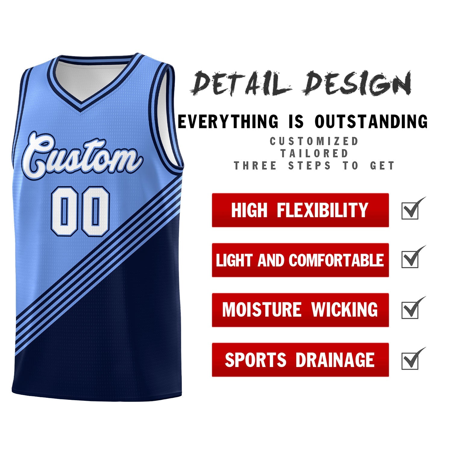 Custom Light Blue Navy Diagonal Stripes Color Block Sets Basketball Jersey | For Men,For Youth,Sublimation Printed,Perfect for Training,Perfect for Teams | KXKSHOP