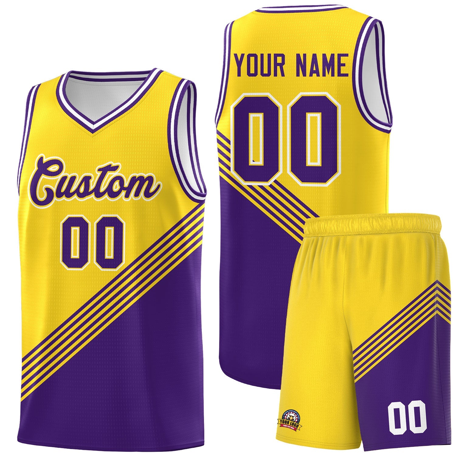 Custom Gold Purple White Diagonal Stripes Color Block Sets Basketball Jersey | For Men,For Youth,Sublimation Printed,Perfect for Training,Perfect for Teams | KXKSHOP