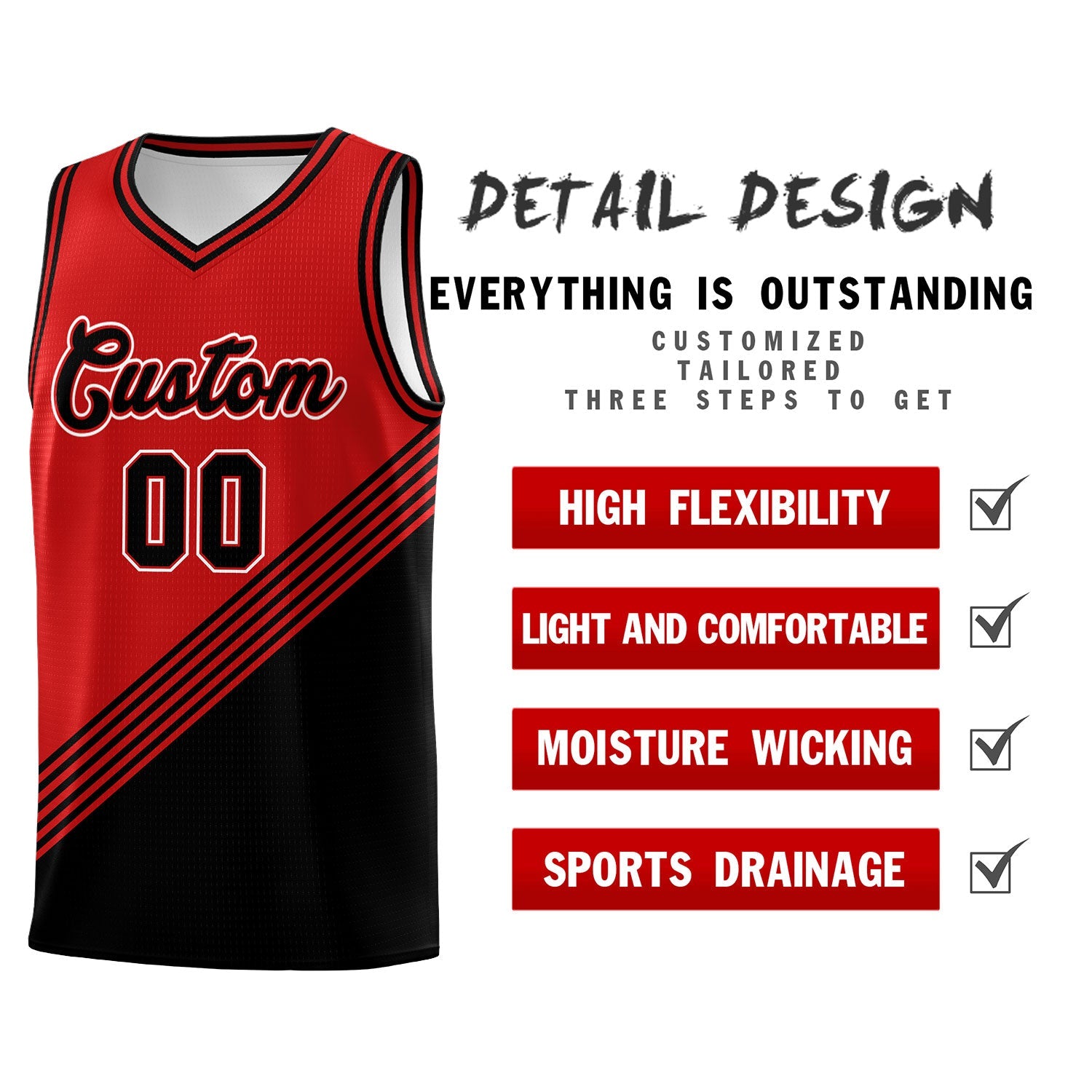 Custom Red Black Diagonal Stripes Color Block Sets Basketball Jersey | For Men,For Youth,Sublimation Printed,Perfect for Training,Perfect for Teams | KXKSHOP