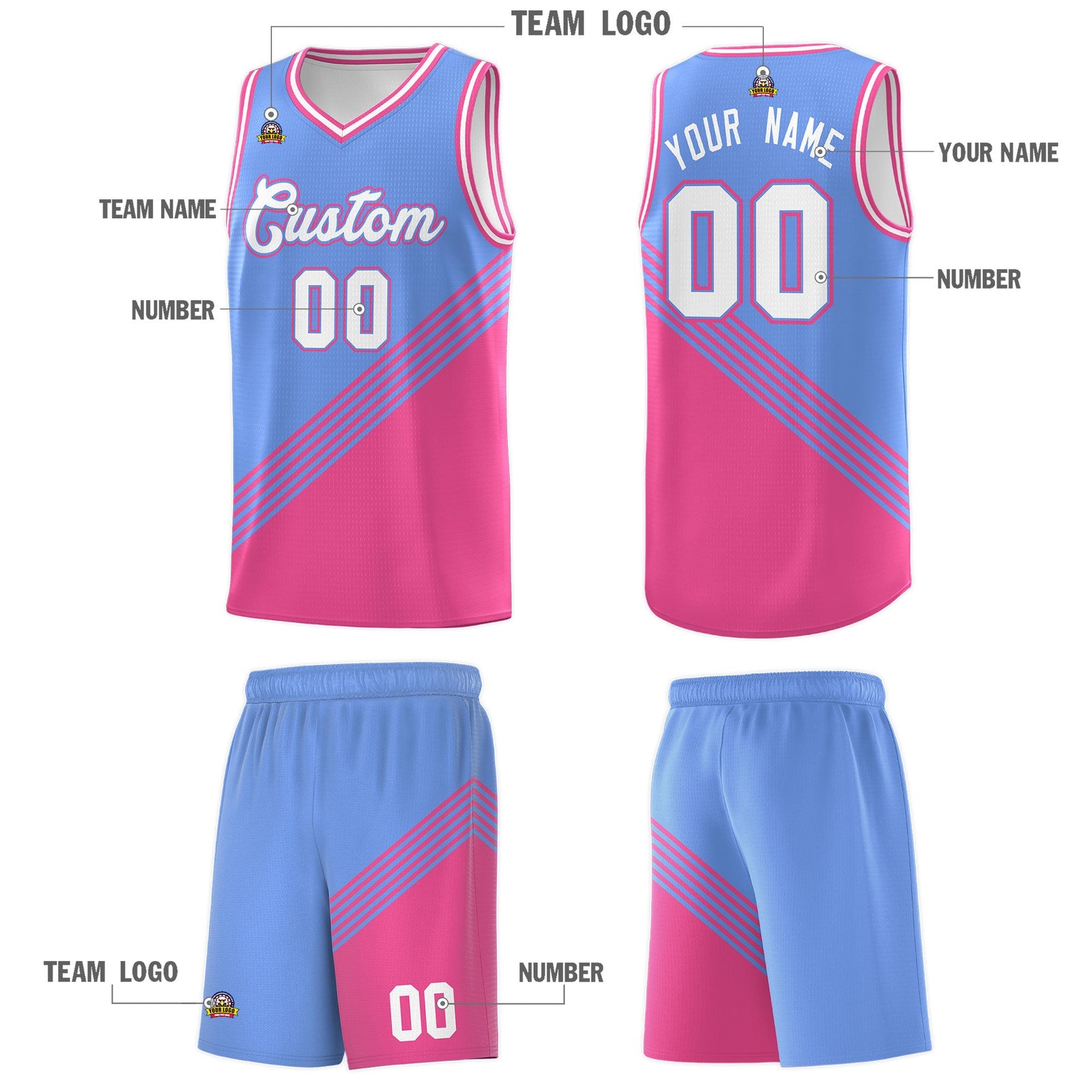 Custom Light Blue Pink White Diagonal Stripes Color Block Sets Basketball Jersey | For Men,For Youth,Sublimation Printed,Perfect for Training,Perfect for Teams | KXKSHOP