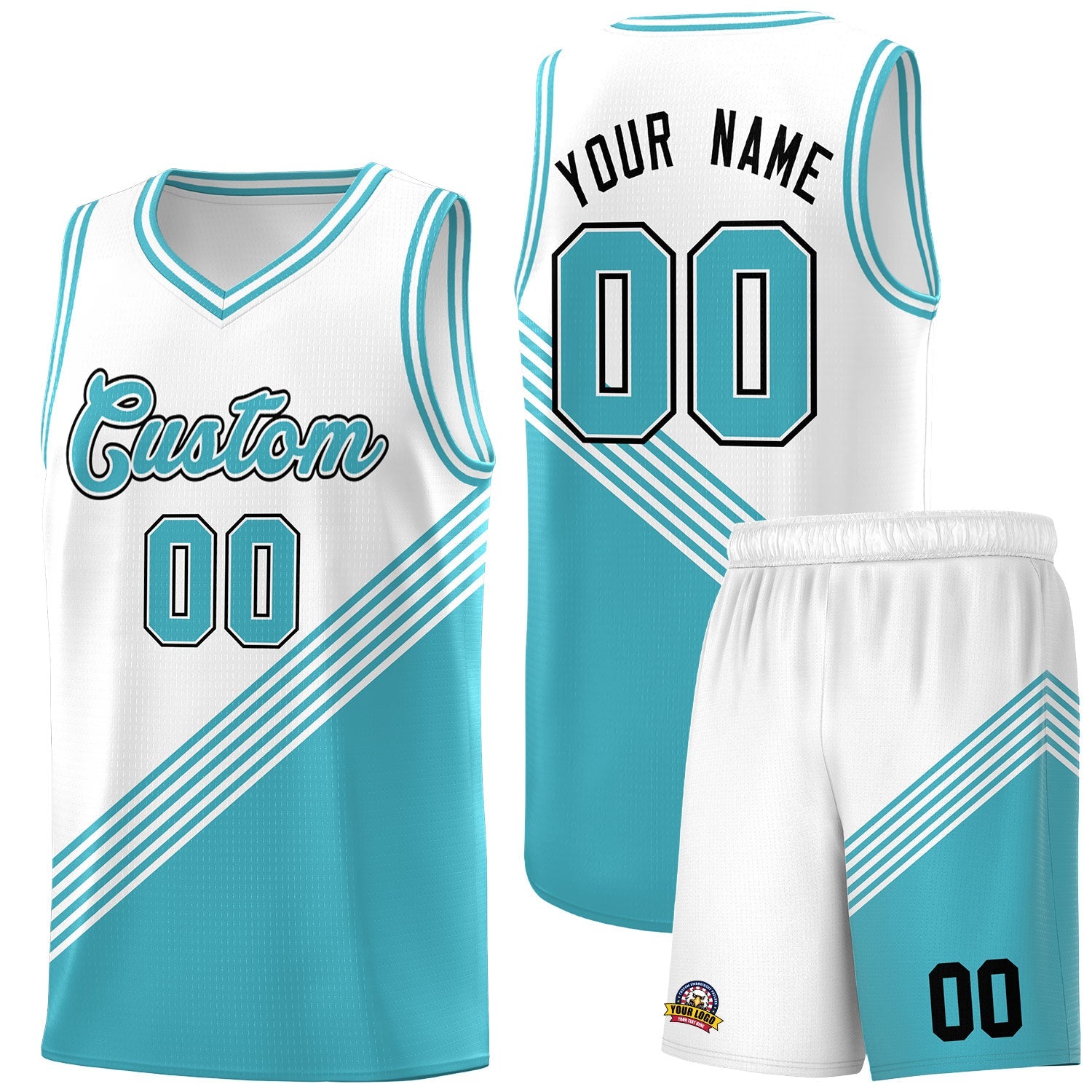 Custom White Sky Blue Diagonal Stripes Color Block Sets Basketball Jersey | For Men,For Youth,Sublimation Printed,Perfect for Training,Perfect for Teams | KXKSHOP