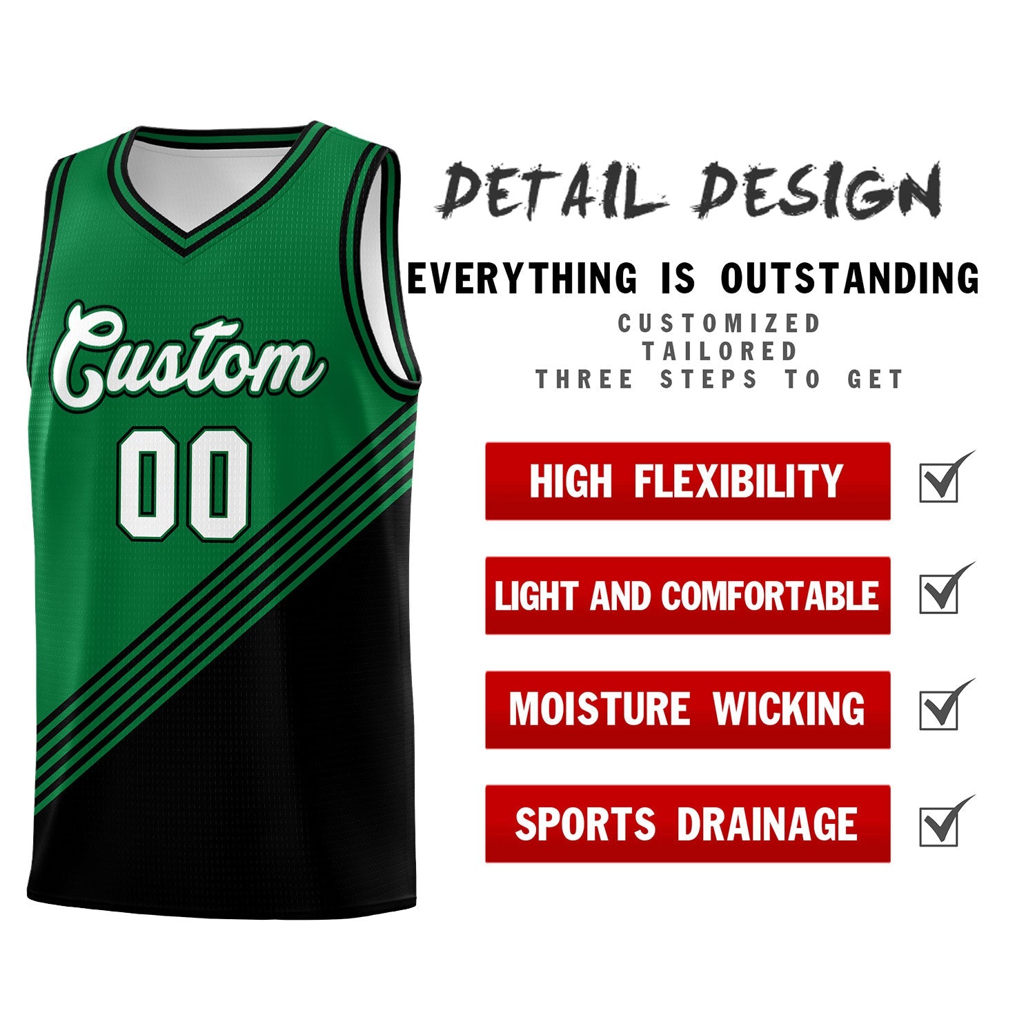 Custom Kelly Green Black Diagonal Stripes Color Block Sets Basketball Jersey | For Men,For Youth,Sublimation Printed,Perfect for Training,Perfect for Teams | KXKSHOP