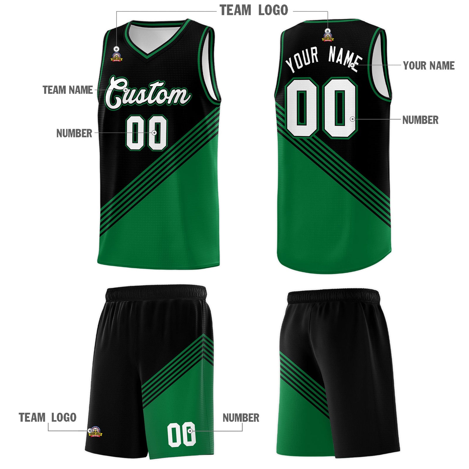 Custom Black Kelly Green Diagonal Stripes Color Block Sets Basketball Jersey | For Men,For Youth,Sublimation Printed,Perfect for Training,Perfect for Teams | KXKSHOP