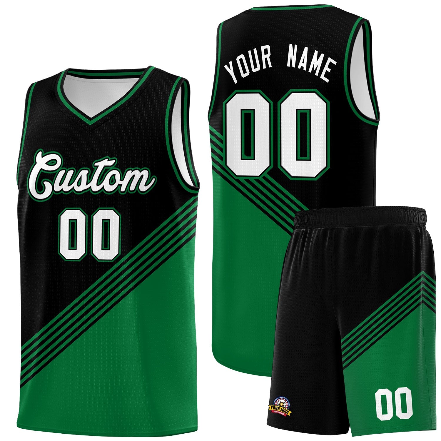 Custom Black Kelly Green Diagonal Stripes Color Block Sets Basketball Jersey | For Men,For Youth,Sublimation Printed,Perfect for Training,Perfect for Teams | KXKSHOP