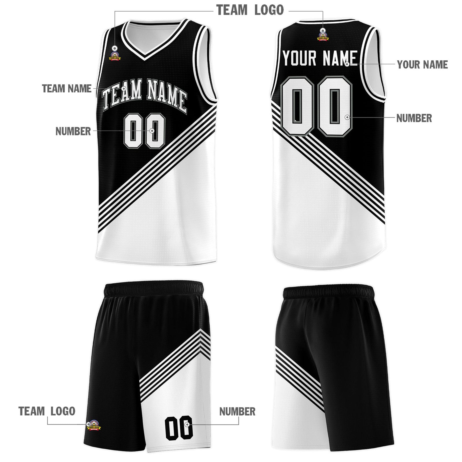 Custom Black White Diagonal Stripes Color Block Sets Basketball Jersey | For Men,For Youth,Sublimation Printed,Perfect for Training,Perfect for Teams | KXKSHOP