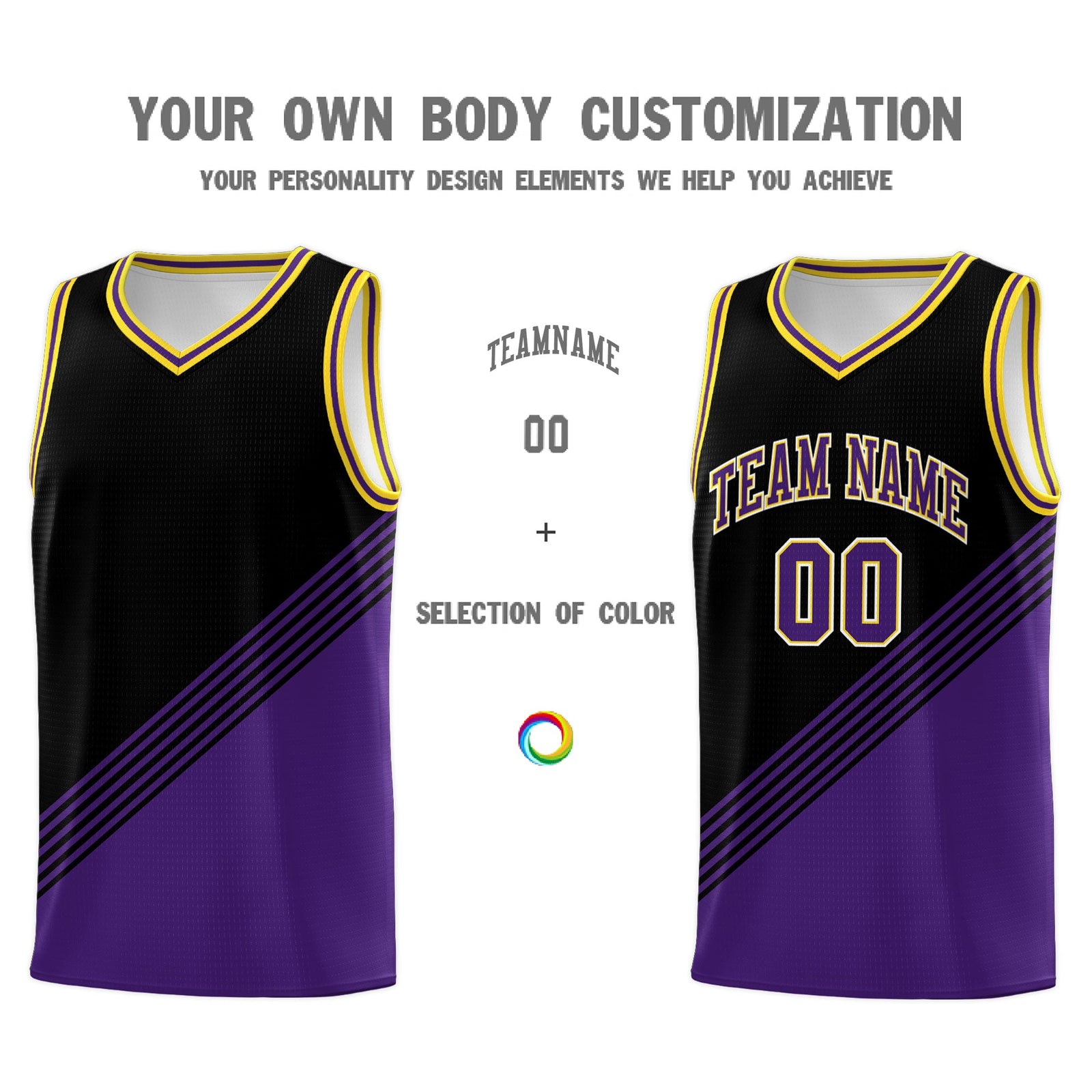 Custom Black Purple Gold Diagonal Stripes Color Block Sets Basketball Jersey | For Men,For Youth,Sublimation Printed,Perfect for Training,Perfect for Teams | KXKSHOP