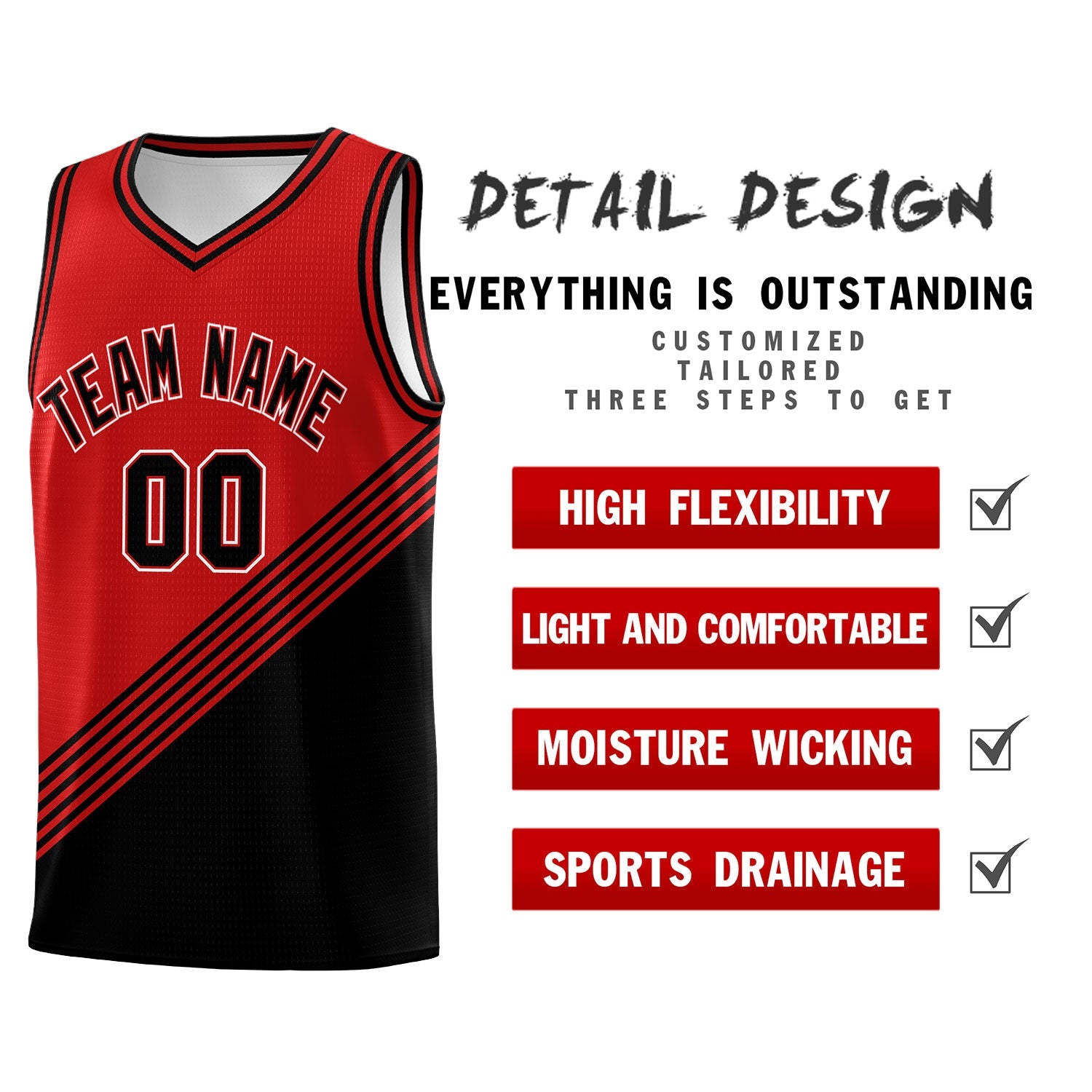 Custom Red Black Diagonal Stripes Color Block Sets Basketball Jersey | For Men,For Youth,Sublimation Printed,Perfect for Training,Perfect for Teams | KXKSHOP