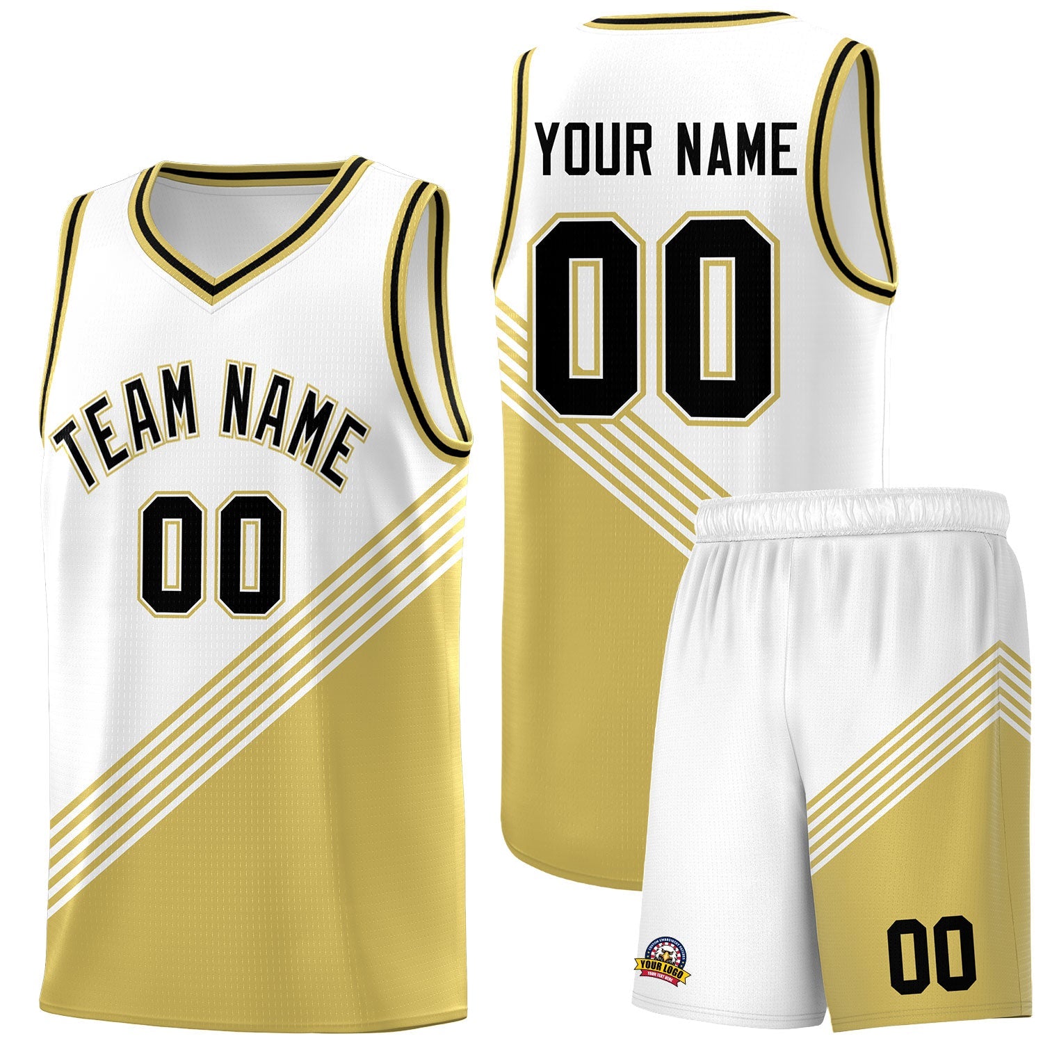 Custom White Old Gold Black Diagonal Stripes Color Block Sets Basketball Jersey | For Men,For Youth,Sublimation Printed,Perfect for Training,Perfect for Teams | KXKSHOP
