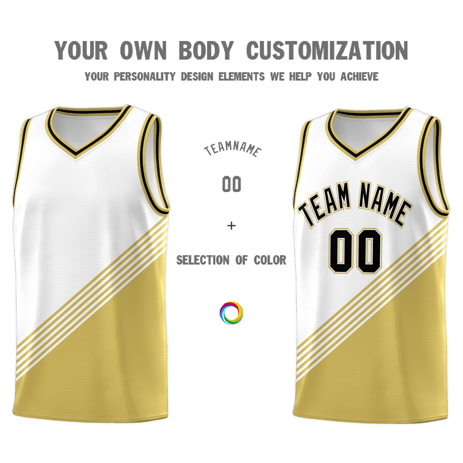 Custom White Old Gold Black Diagonal Stripes Color Block Sets Basketball Jersey | For Men,For Youth,Sublimation Printed,Perfect for Training,Perfect for Teams | KXKSHOP