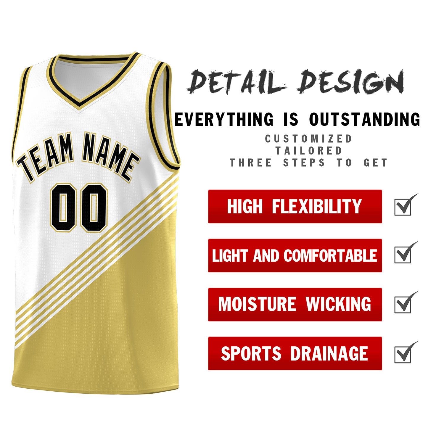 Custom White Old Gold Black Diagonal Stripes Color Block Sets Basketball Jersey | For Men,For Youth,Sublimation Printed,Perfect for Training,Perfect for Teams | KXKSHOP