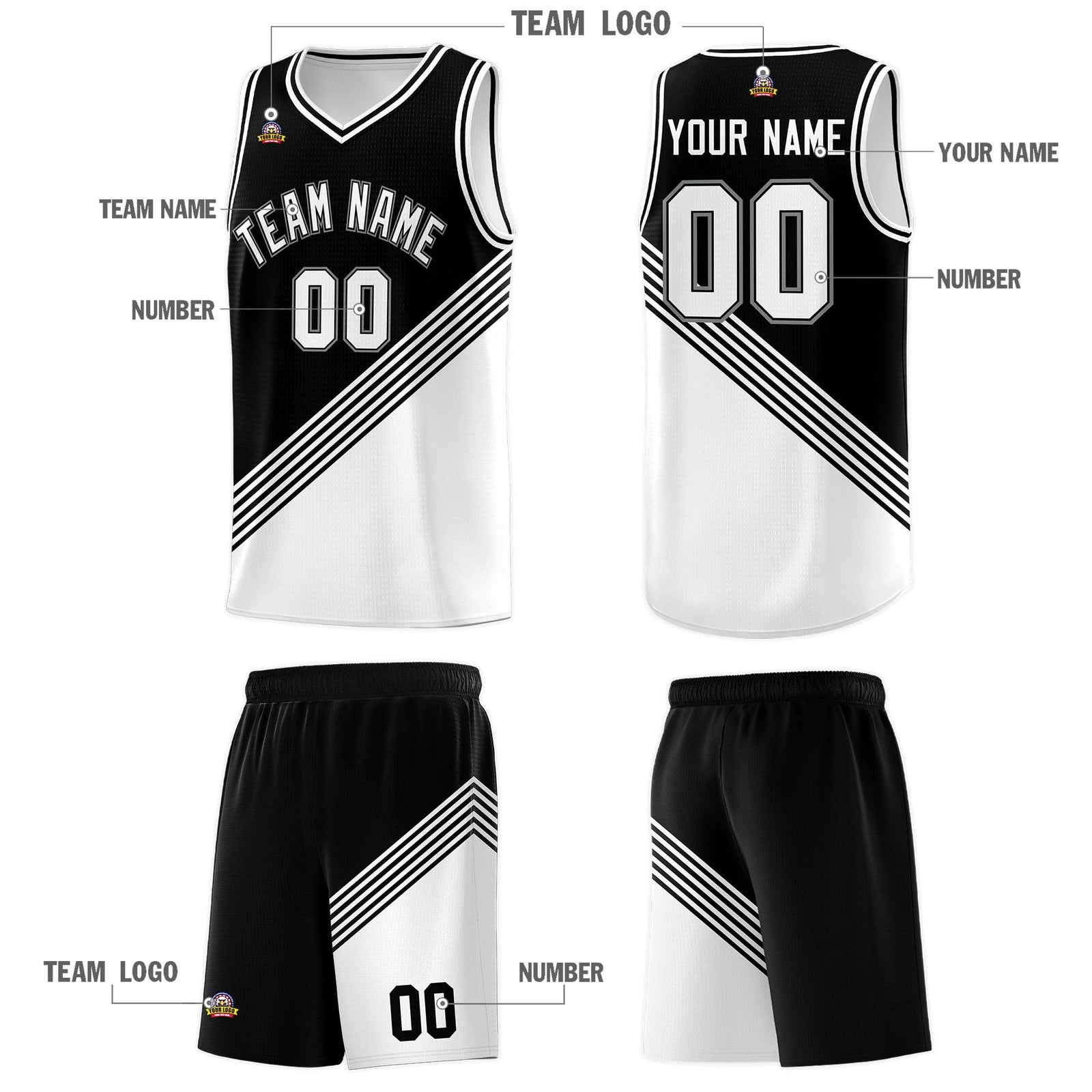 Custom Black White Diagonal Stripes Color Block Sets Basketball Jersey | For Men,For Youth,Sublimation Printed,Perfect for Training,Perfect for Teams | KXKSHOP