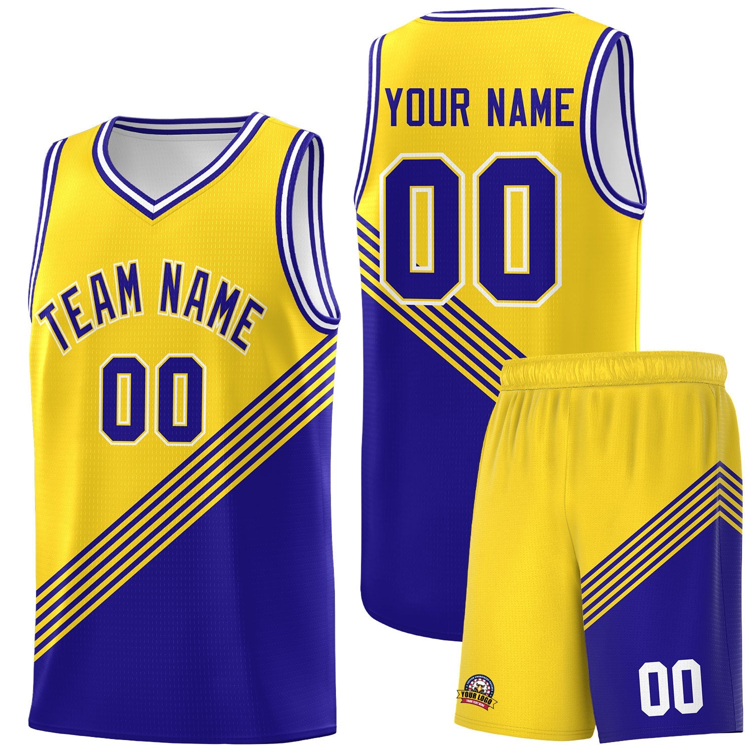 Custom Gold Royal Blue White Diagonal Stripes Color Block Sets Basketball Jersey | For Men,For Youth,Sublimation Printed,Perfect for Training,Perfect for Teams | KXKSHOP