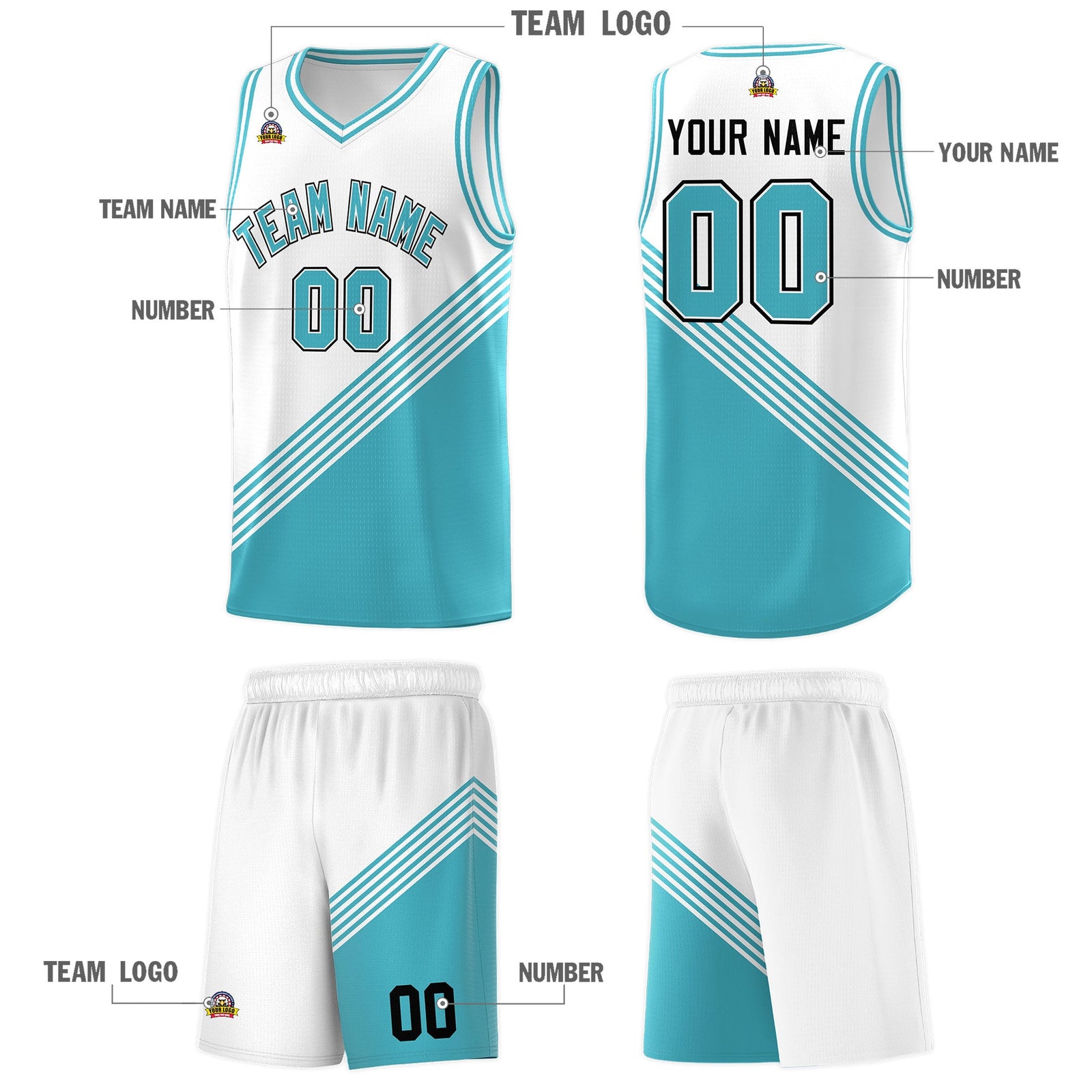 Custom White Sky Blue Diagonal Stripes Color Block Sets Basketball Jersey | For Men,For Youth,Sublimation Printed,Perfect for Training,Perfect for Teams | KXKSHOP