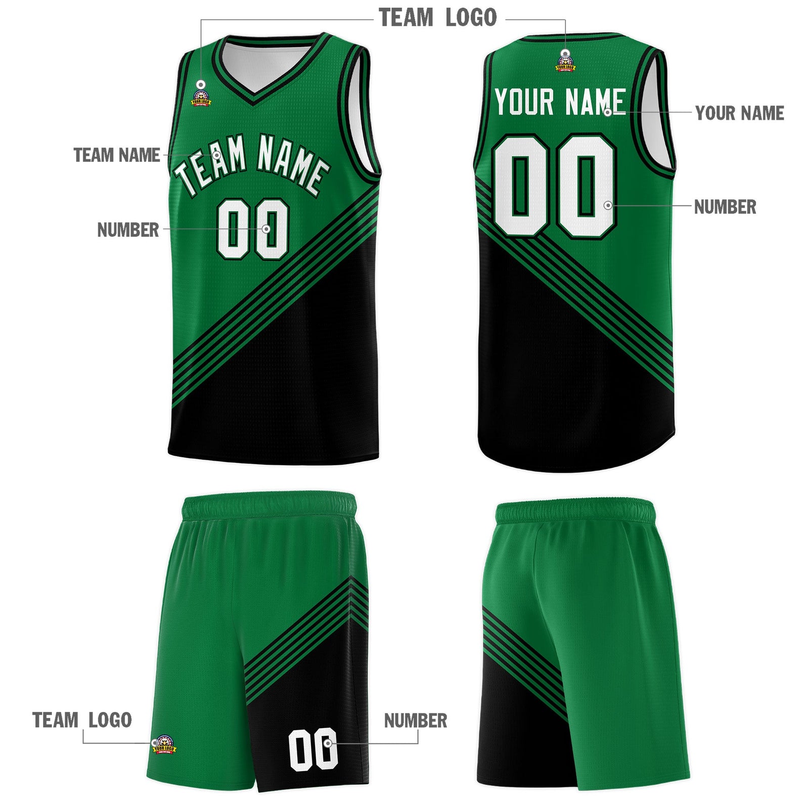 Custom Kelly Green Black Diagonal Stripes Color Block Sets Basketball Jersey | For Men,For Youth,Sublimation Printed,Perfect for Training,Perfect for Teams | KXKSHOP