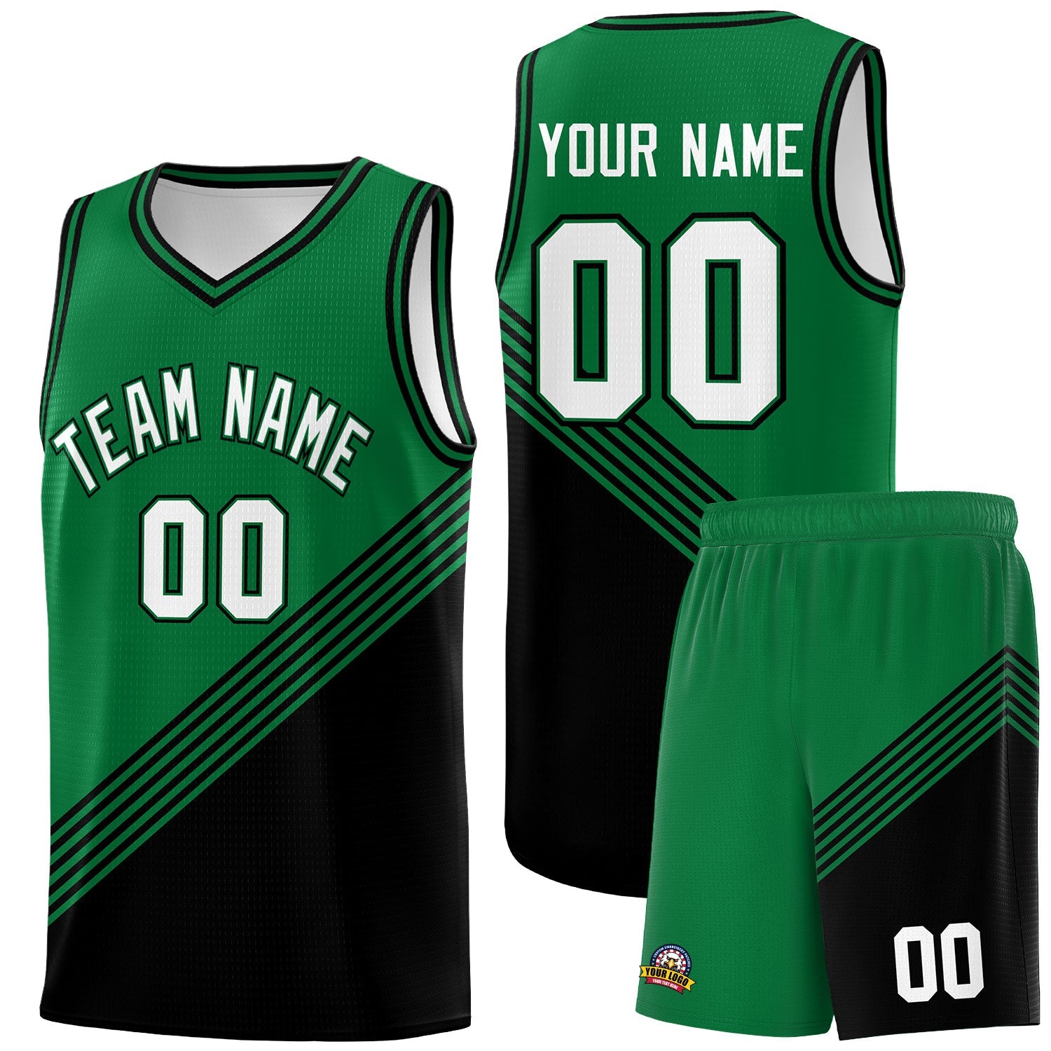 Custom Kelly Green Black Diagonal Stripes Color Block Sets Basketball Jersey | For Men,For Youth,Sublimation Printed,Perfect for Training,Perfect for Teams | KXKSHOP