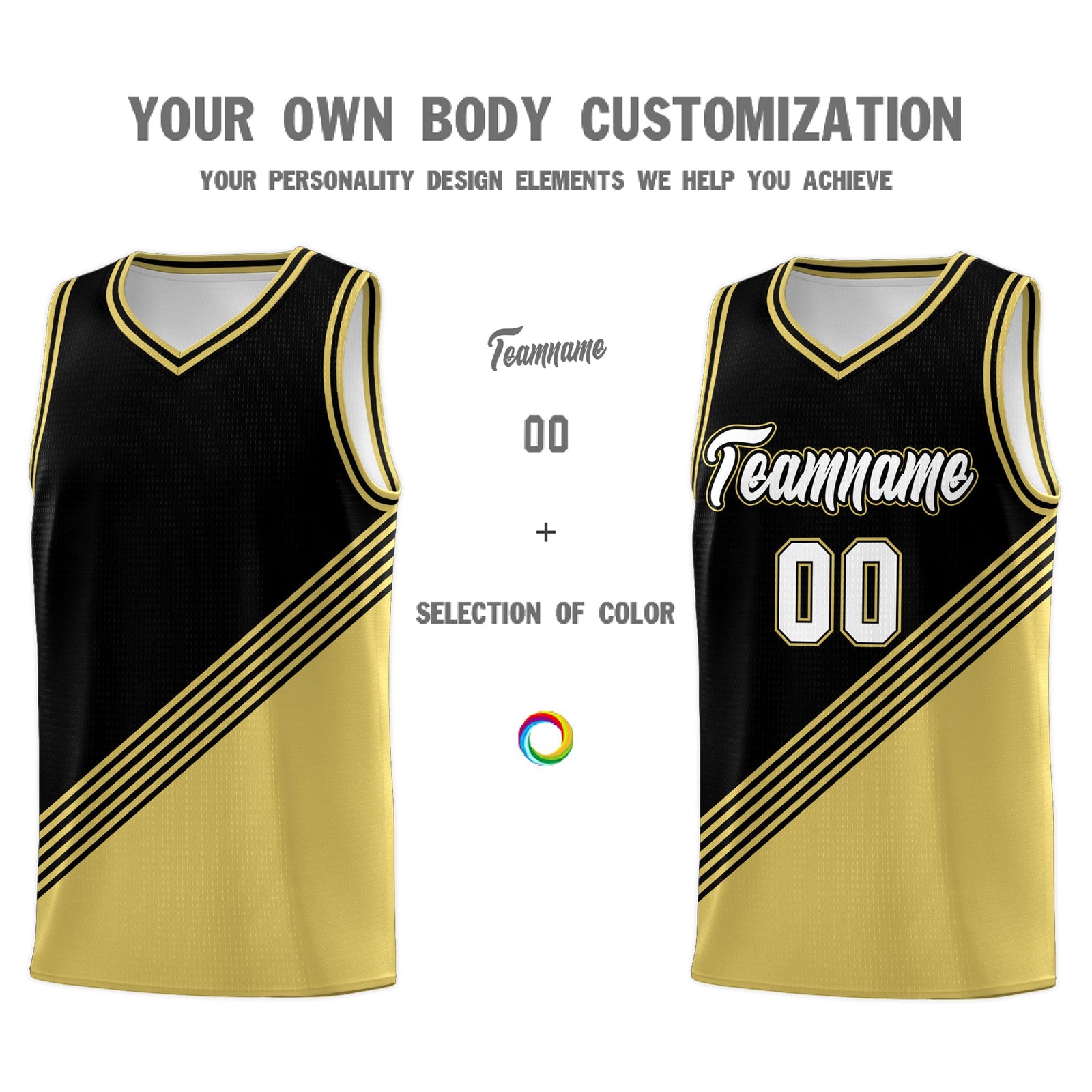 Custom Black Old Gold Diagonal Stripes Color Block Sets Basketball Jersey | For Men,For Youth,Sublimation Printed,Perfect for Training,Perfect for Teams | KXKSHOP
