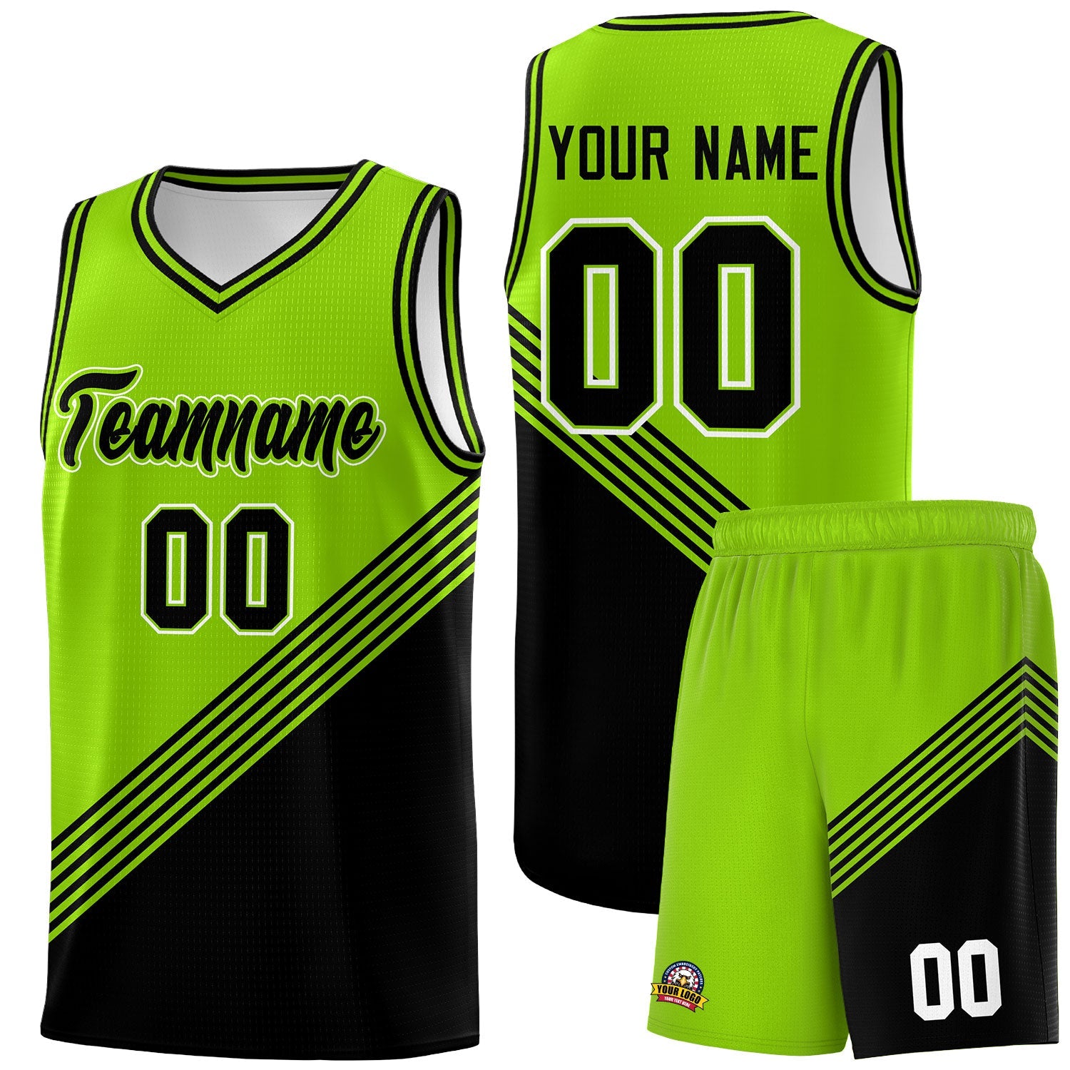 Custom Neon Green Black Diagonal Stripes Color Block Sets Basketball Jersey | For Men,For Youth,Sublimation Printed,Perfect for Training,Perfect for Teams | KXKSHOP