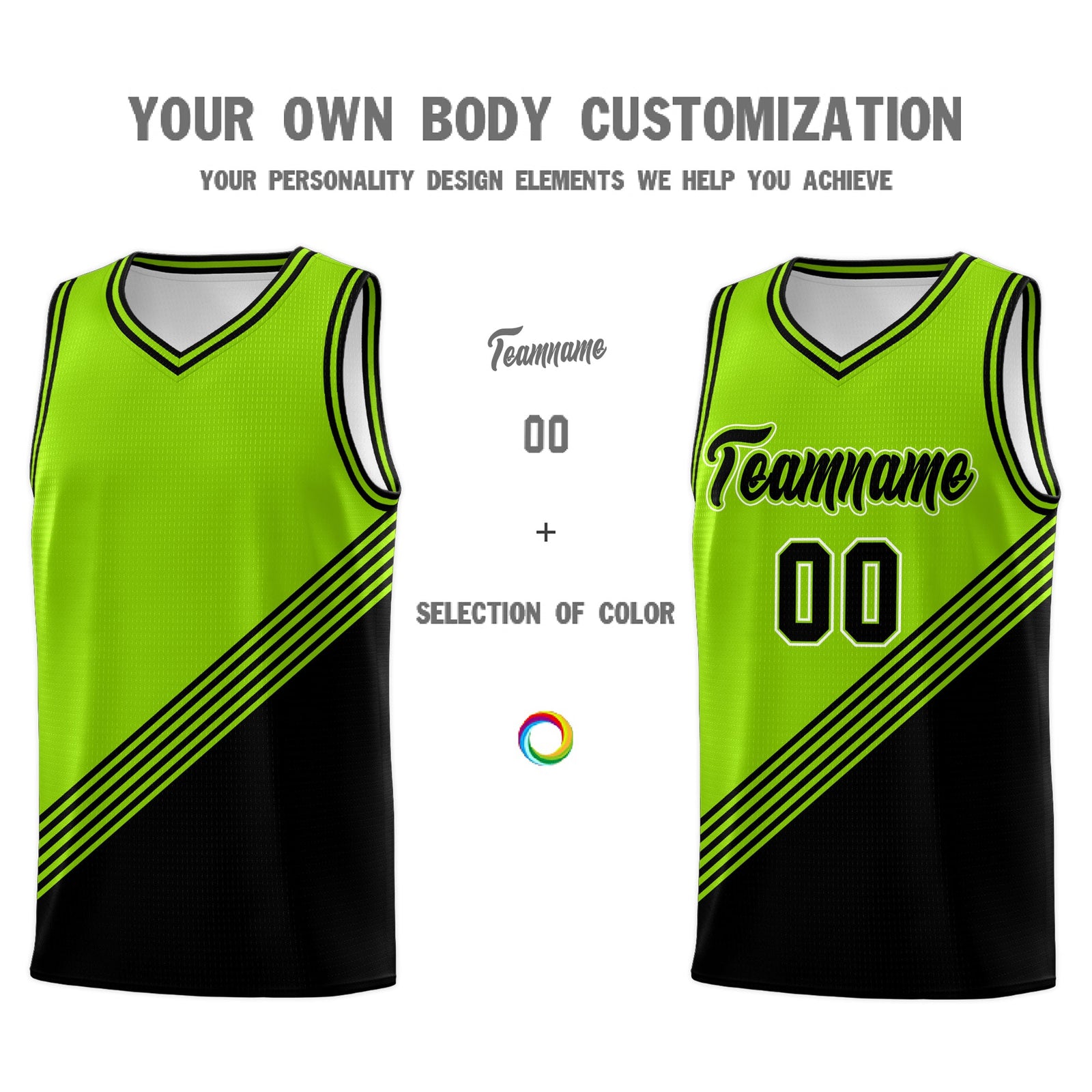 Custom Neon Green Black Diagonal Stripes Color Block Sets Basketball Jersey | For Men,For Youth,Sublimation Printed,Perfect for Training,Perfect for Teams | KXKSHOP
