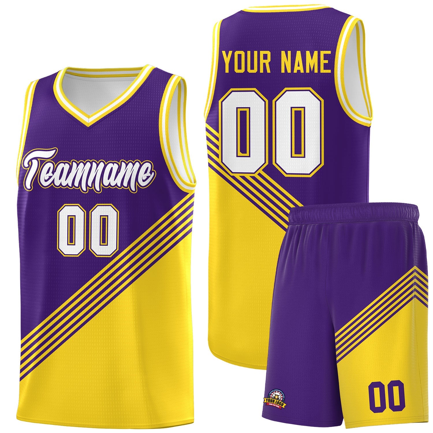 Custom Purple Gold White Diagonal Stripes Color Block Sets Basketball Jersey | For Men,For Youth,Sublimation Printed,Perfect for Training,Perfect for Teams | KXKSHOP