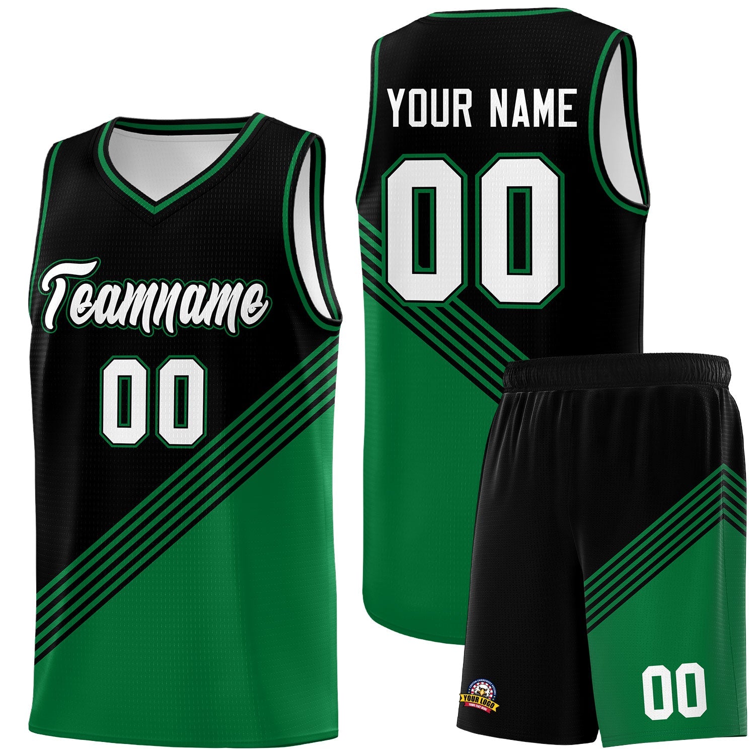 Custom Black Kelly Green Diagonal Stripes Color Block Sets Basketball Jersey | For Men,For Youth,Sublimation Printed,Perfect for Training,Perfect for Teams | KXKSHOP